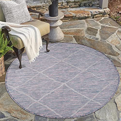 carpet city Outdoor Teppich Terrasse Wetterfest - 120x120 cm Rund - Balkonteppich Blau-Pink - Raute Muster - In-& Outdoor Teppiche für Veranda, Garten, Küche, Bad oder Wohnzimmer