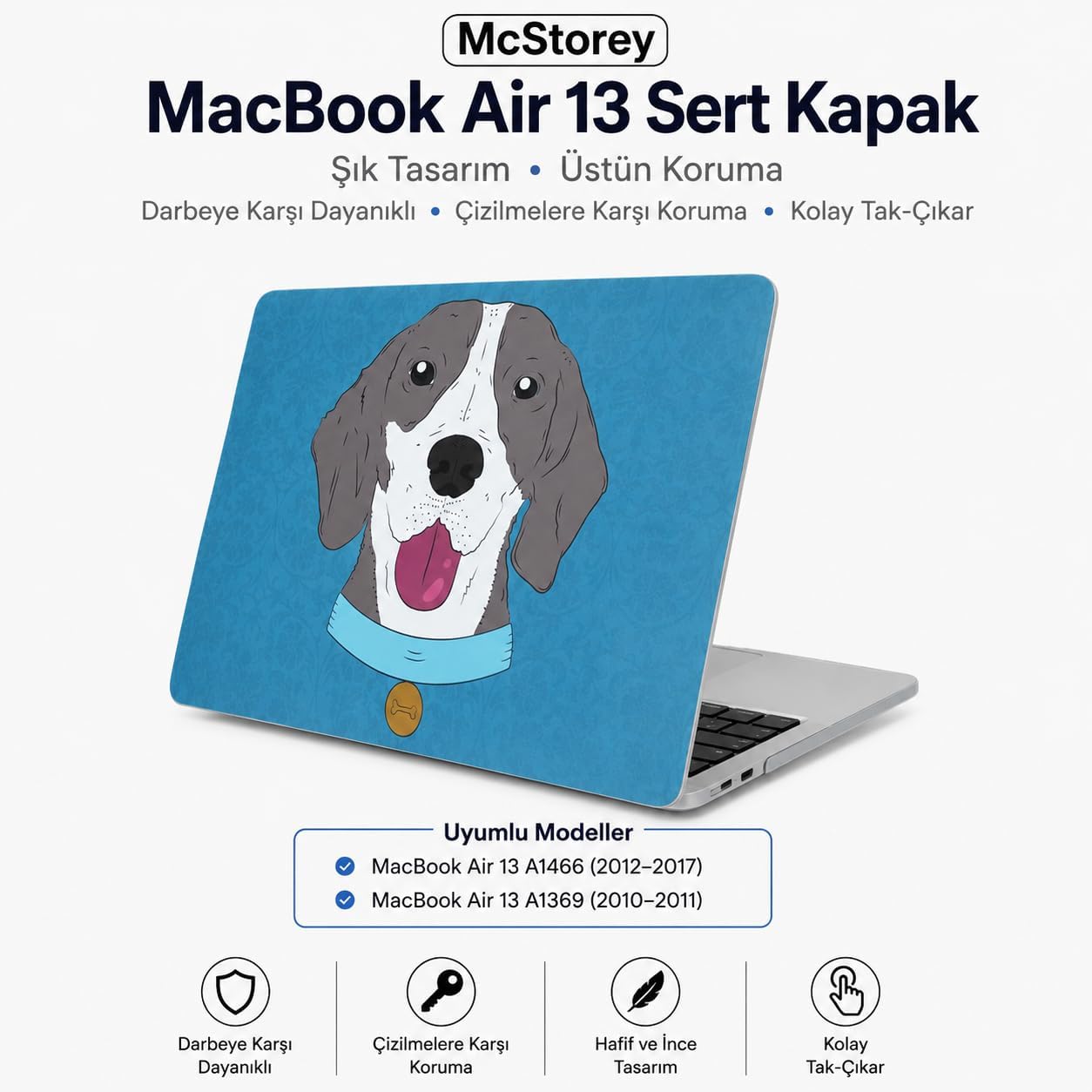 McStorey MacBook Air Kılıf 13 İnç A1369 A1466 Uyumlu Sert Kapak Dog01 Tasarım İnce Hafif Darbe Önleyici Hard Case Çizilmeye Dayanıklı Eski Kasa 2010-2017 Koruyucu Kapak Açık Mavi
