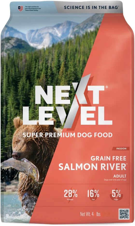 (Bidding on a case of 8) Next Level Super Premium Dog Food – Grain Free Salmon River – Dry Kibble for Dogs at All Life Stages of All Breeds – 28% Protein, Fish and Sweet Potato, Gluten Free Grains (4 Pound) 4 Pound (Pack of 1)