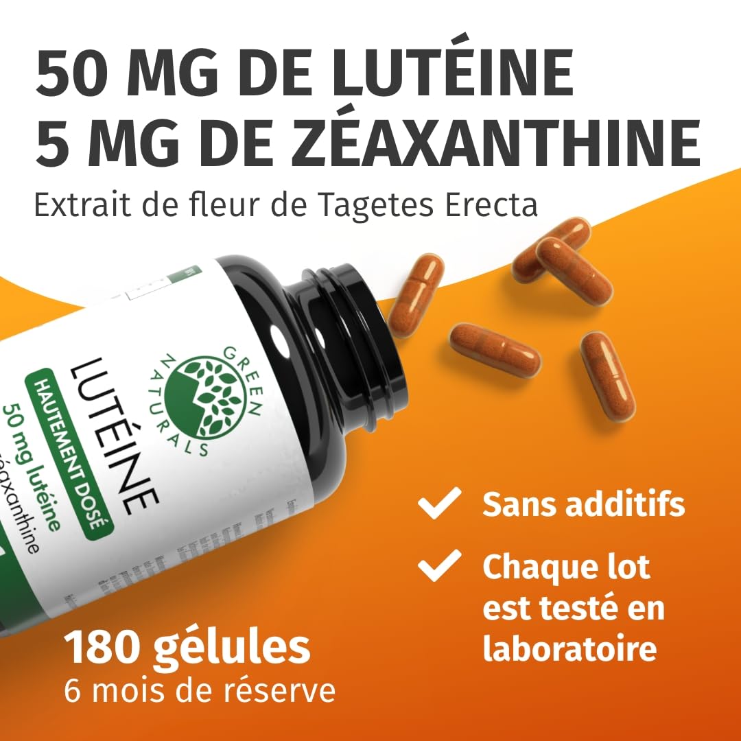 Green Naturals® Lutéine – Hautement dosée 50 mg de lutéine & 5 mg de zéaxanthine issus de 250 mg d’extrait naturel de tagète (Tagetes erecta) – 180 gélules (6 mois)