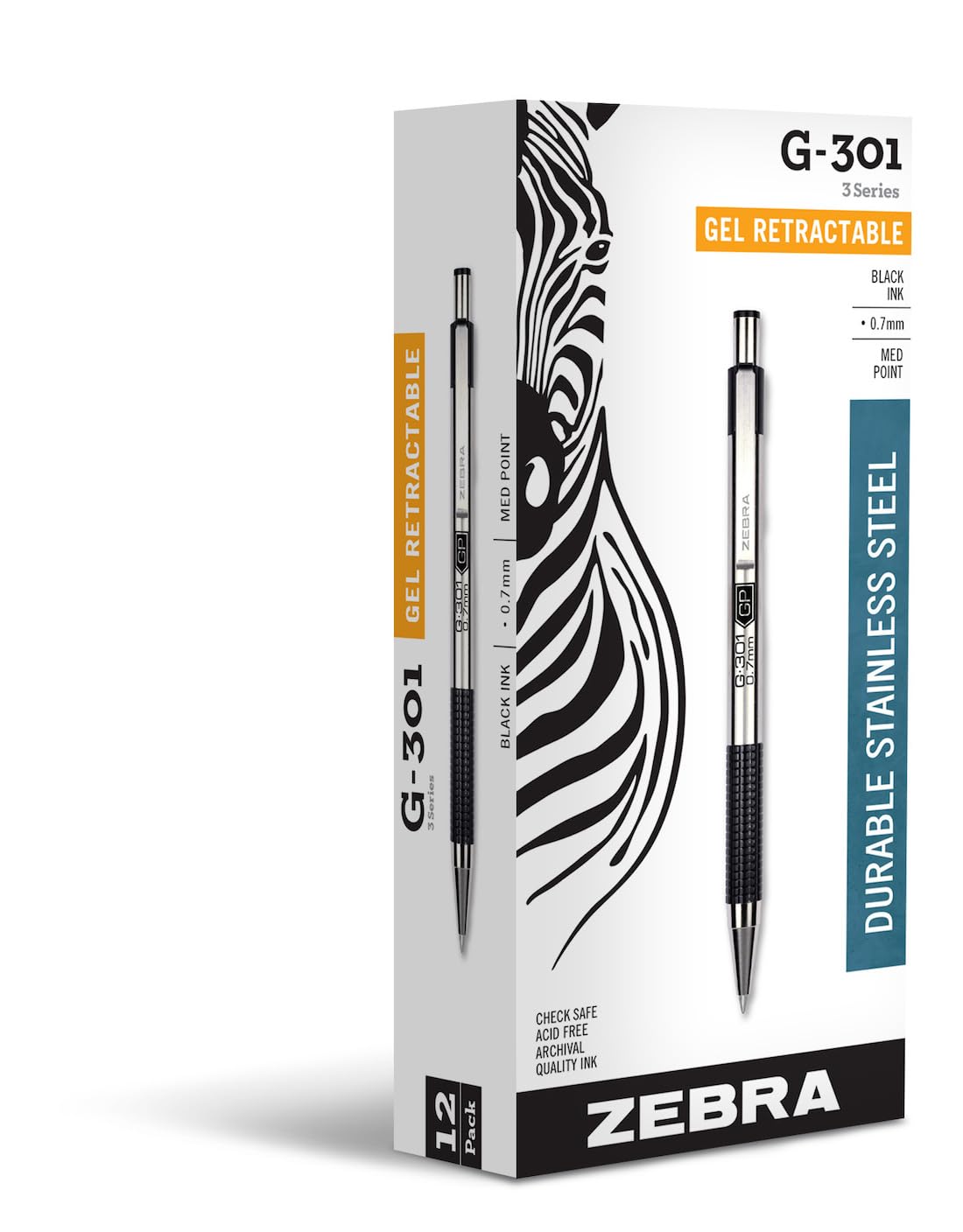 Zebra Pen G-301 Retractable Gel Pen, 0.7mm Medium Point, Stainless Steel Barrel, Ideal for Office Supplies, School Supplies & Teacher Supplies, Black Ink, 12-Pack (41310)
