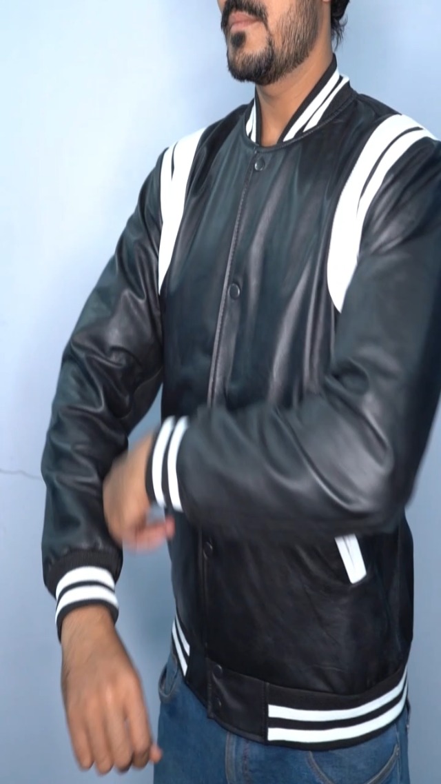 ジャケット・アウター keboz DAC STUDS LEATHER VARSITY JACKET ZEEBOK Men's Varsity Jacket Wool Body Genuine Leather Arms