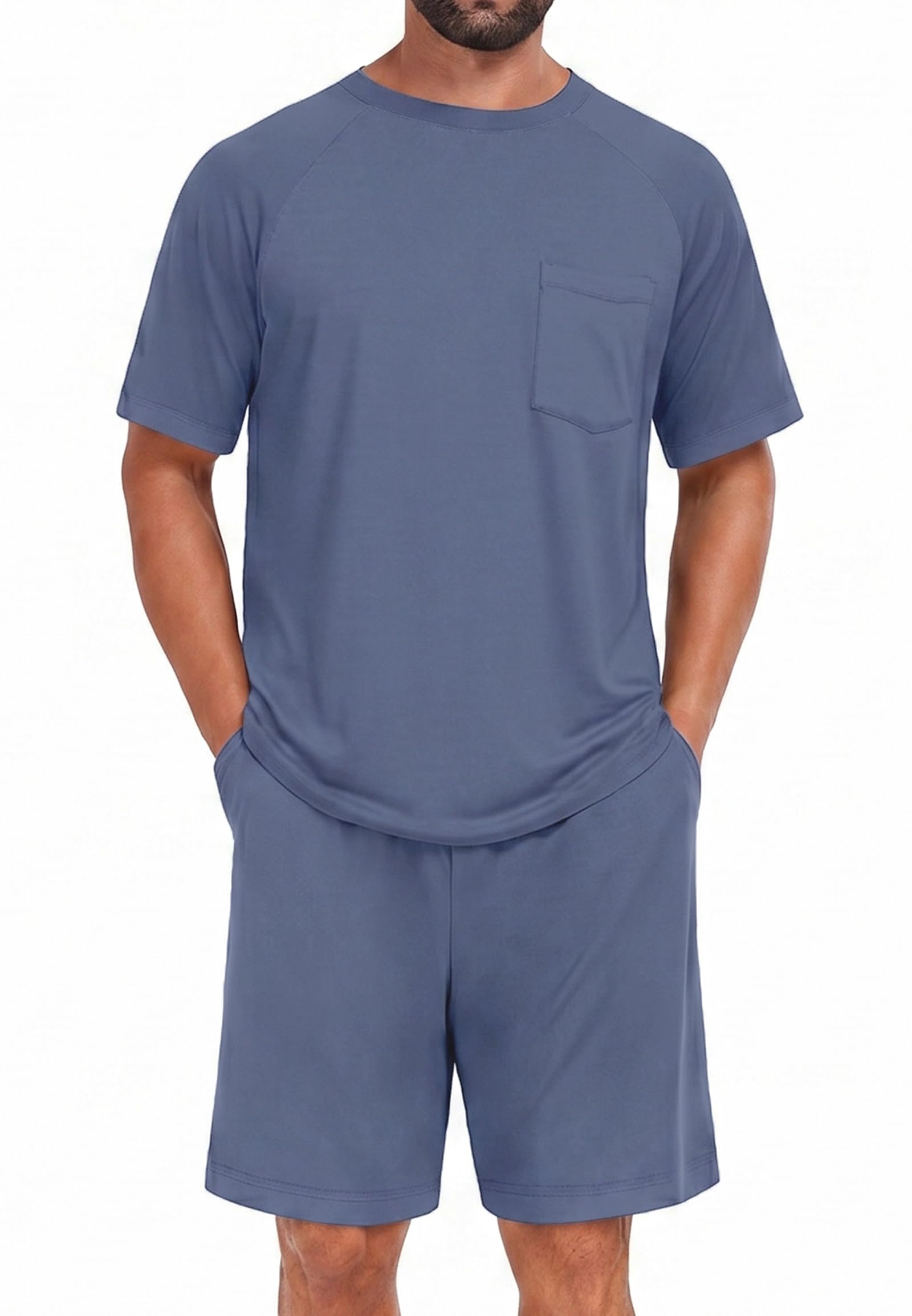Mens Pajamas Set Shirt and Shorts Lightweight Summer Sleepwear