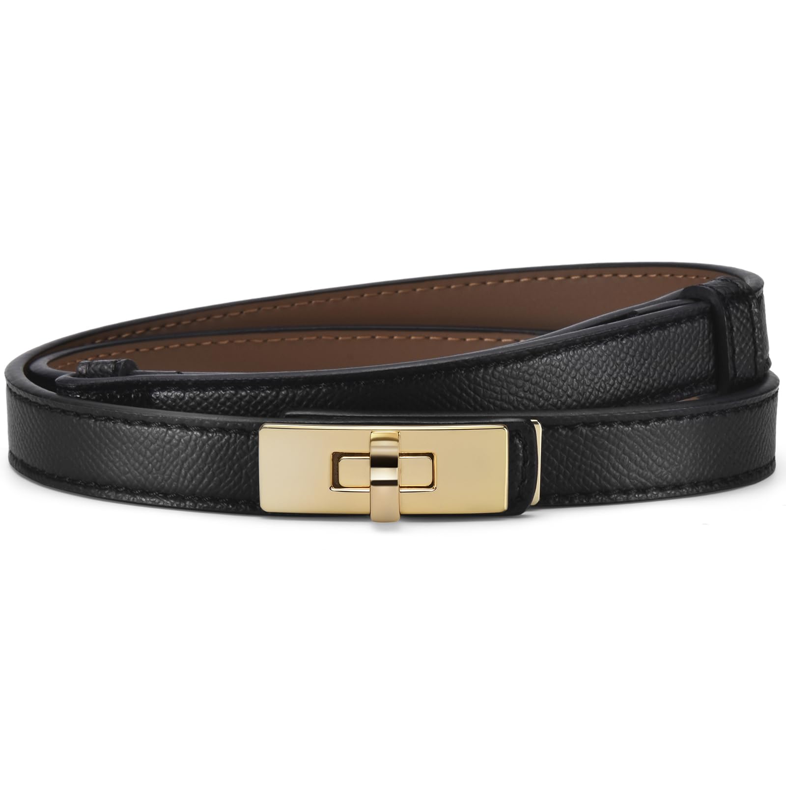 Koztwam Women's Black Adjustable Skinny Leather Belt Thin Waist Belt Solid Alloy Turn Lock Waistband Decorative Belt For Pants Jeans Dresses (Black)