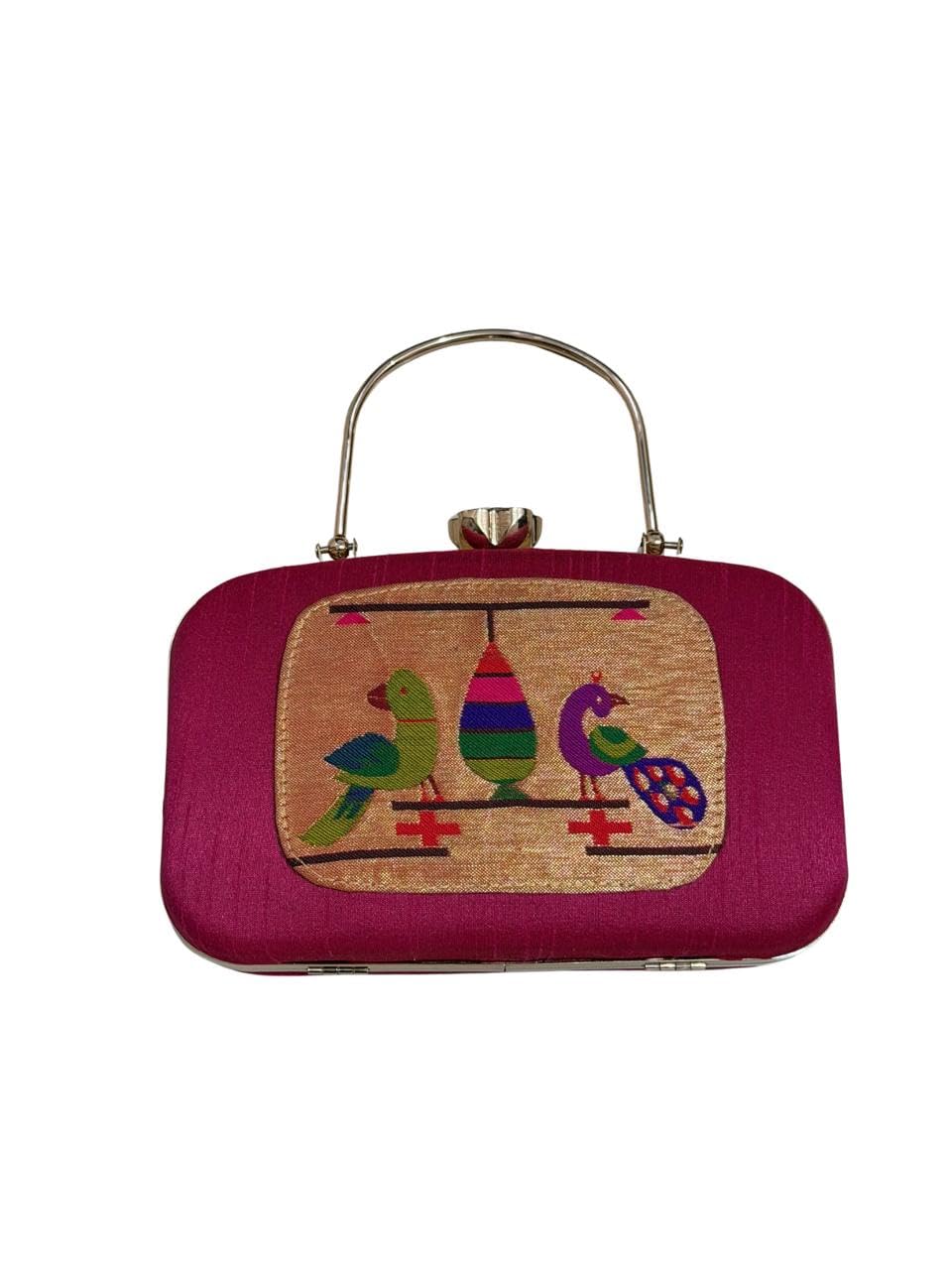 tasterra Designer Royal Blue Silk Clutch | Traditional Parrot & Peacock Motif Wedding Purse with Metallic Arc Handle-picture-27