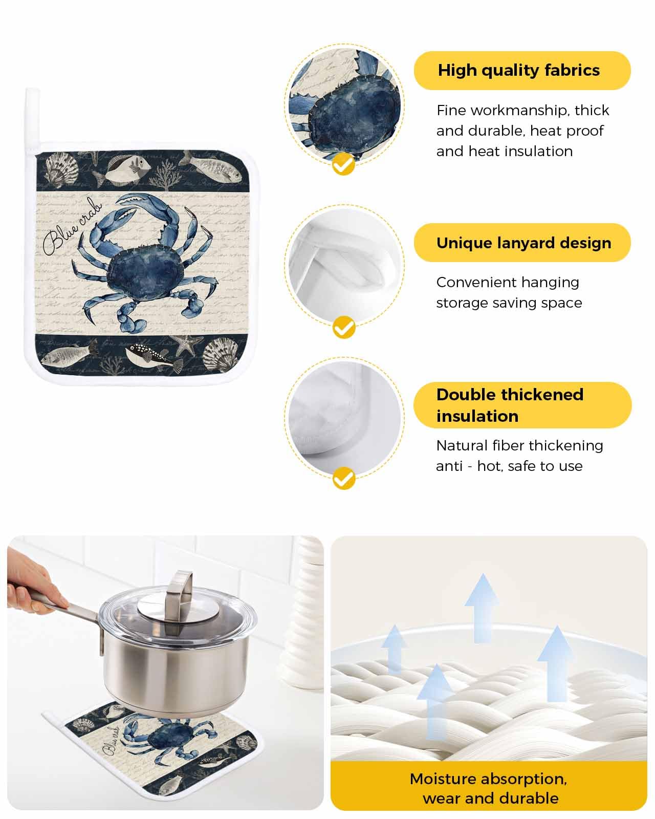 5 Packs Nautical Coastal Coral Pot Holders Sets for Kitchen,Oven Pan Plate Bowl Pads Heat Proof Mat with Hanging Loop,Thick Terry Cloth Potholders For Cooking Baking Tropical Fish Vintage Seashell