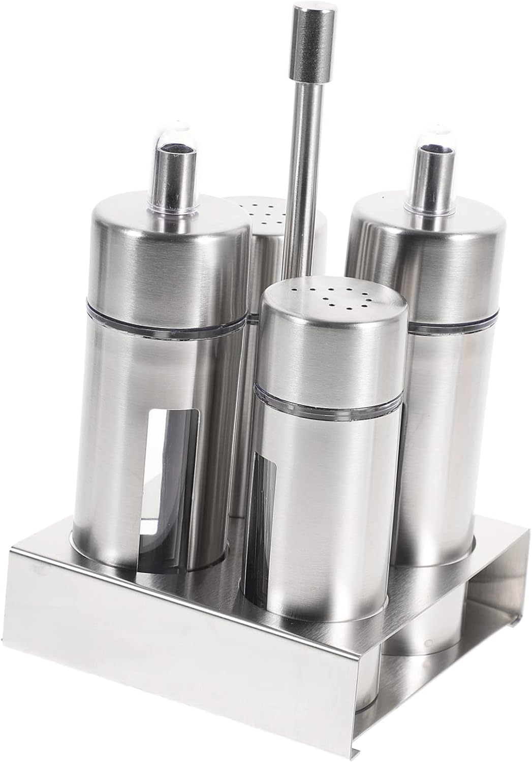 Stainless Steel Condiment Storage Set with Removable Seasoning Bottles and Base Stand Spice Shaker Containers for Vinegar Sauce and Pepper Kitchen Home Use