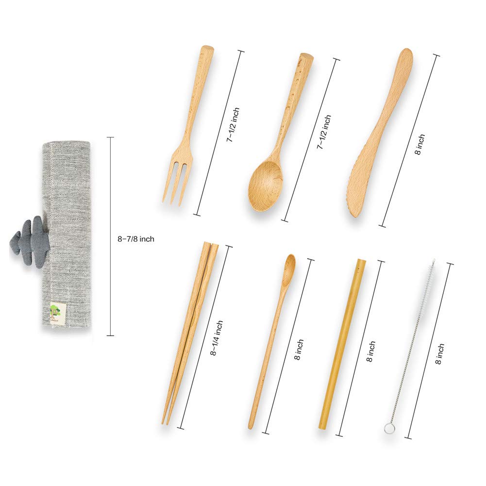 Wooden Travel Utensils Reusable Cutlery Set Bamboo Utensils Flatware Tableware Knife/Fork/Spoon/Chopsticks/Stirring Spoon/Bamboo Straws/Straws Cleaner w Pouch Gift Outdoor Camping Picnic Lunch Office