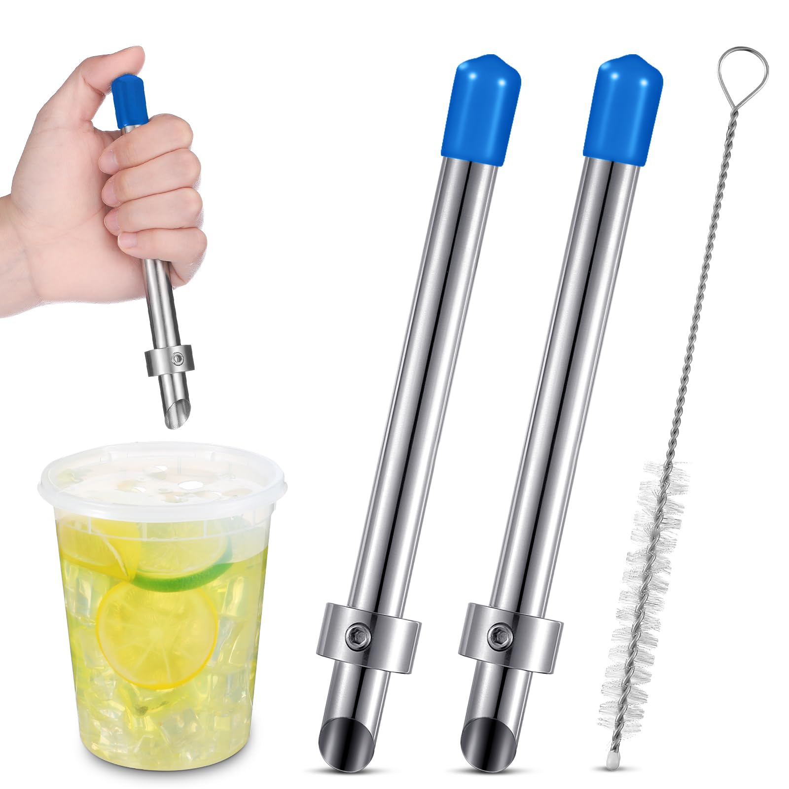Lasnten 2 Pack Straw Puncher for Plastic Lids Lemonade Cups, Stainless Steel Straw Hole Puncher Punching Tools for Cafe Drinks Deli Container Squeezed