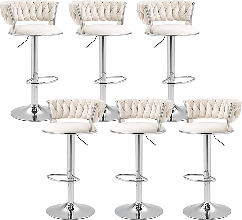 Miniatura 15 de Juego de 2 taburetes de bar giratorios de terciopelo, modernos taburetes de bar ajustables con respaldo tejido, taburete de bar de altura de Negro