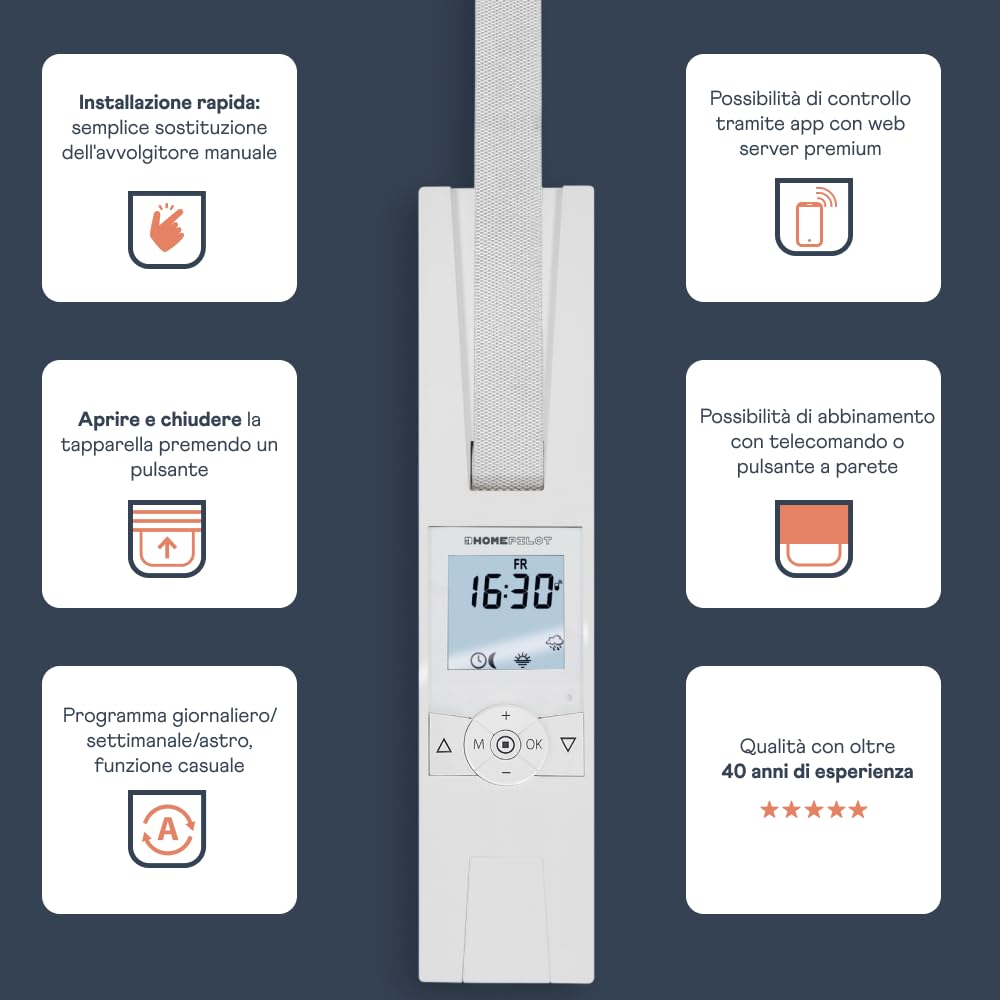 HOMEPILOT avvolgitore elettrico smart RolloTron premium power per tapparelle fino 60 kg (circa 10 m²), per cinghia da 23 mm, comp. con telecomando (app & alexa tramite il web server domotico premium)