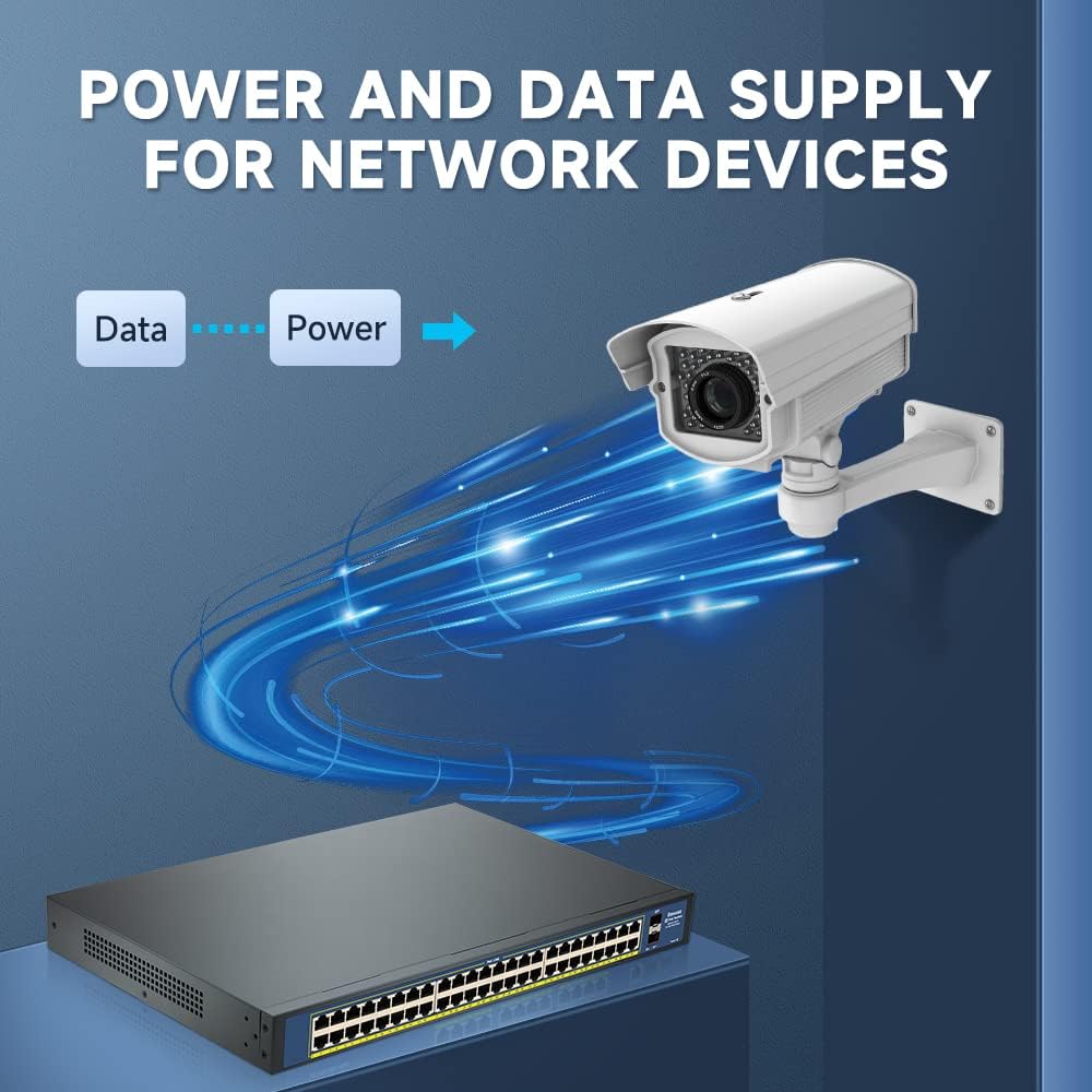 Commutateur Gigabit PoE avec 48 Ports PoE+ et 2 Ports Gigabit SFP, Conforme à la Norme IEEE 802.3af/at, jusqu'à 800 W, boîtier métallique, commutateur Power-Over-Ethernet Non géré, commutateur réseau