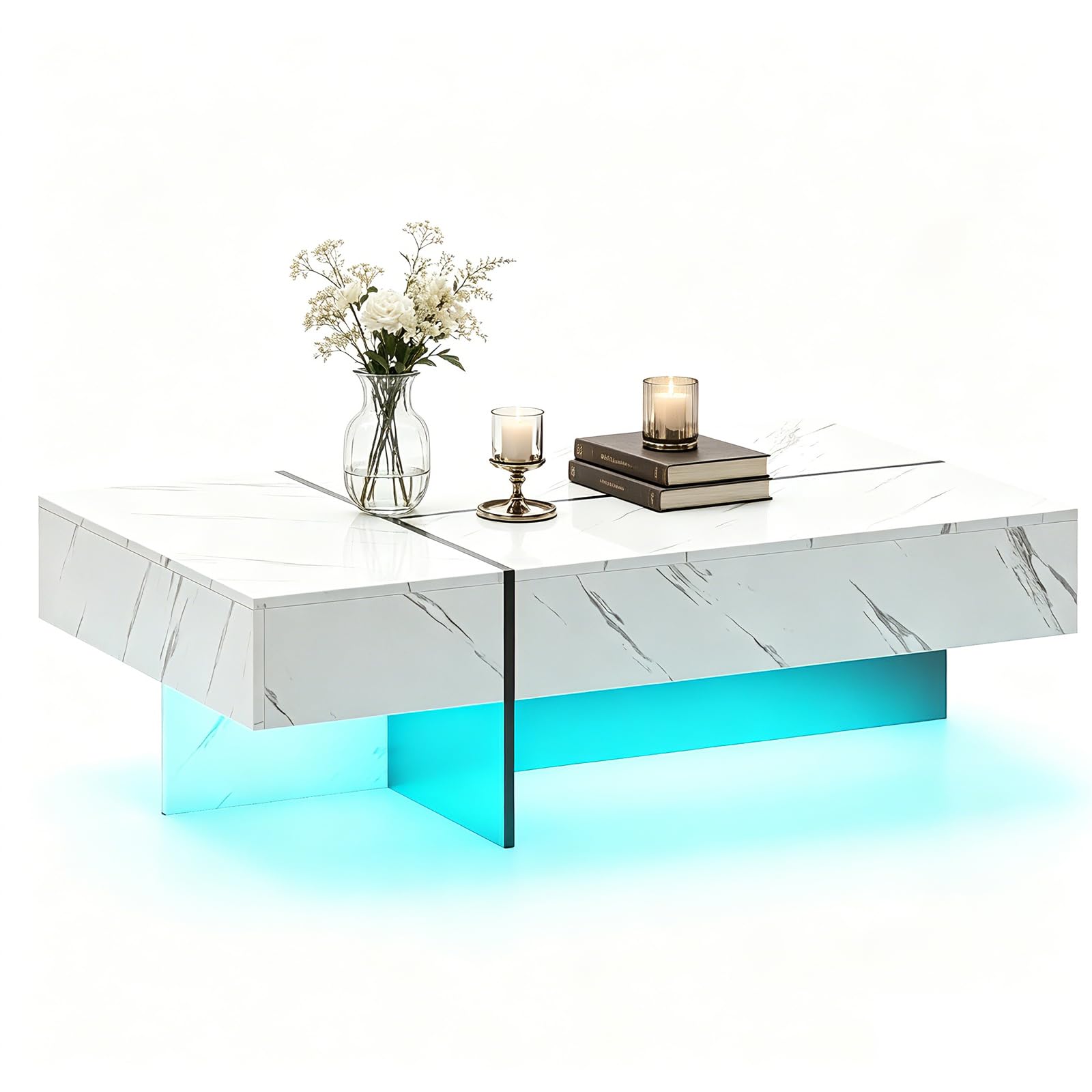 SOARS Mesa de Centro LED, Mesa Auxiliar Brillante con 3 Cajones de Almacenamiento, Iluminación Ajustable y Control Remoto, Mesa de Café Moderna para Salón Sofá, 120 x 70 x 35 cm (Blanco)