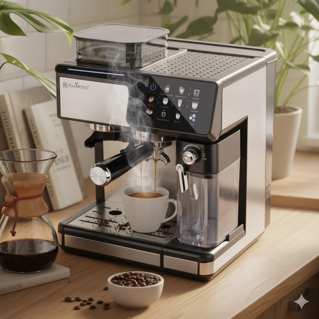 ROSMARINO W pełni automatyczny ekspres do kawy z młynkiem, pompa 20 bar, automatyczny spieniacz do mleka, Touch Control, zbiornik na wodę 2,6 l, espresso Cappuccino Latte, samoczyszczący, czarny