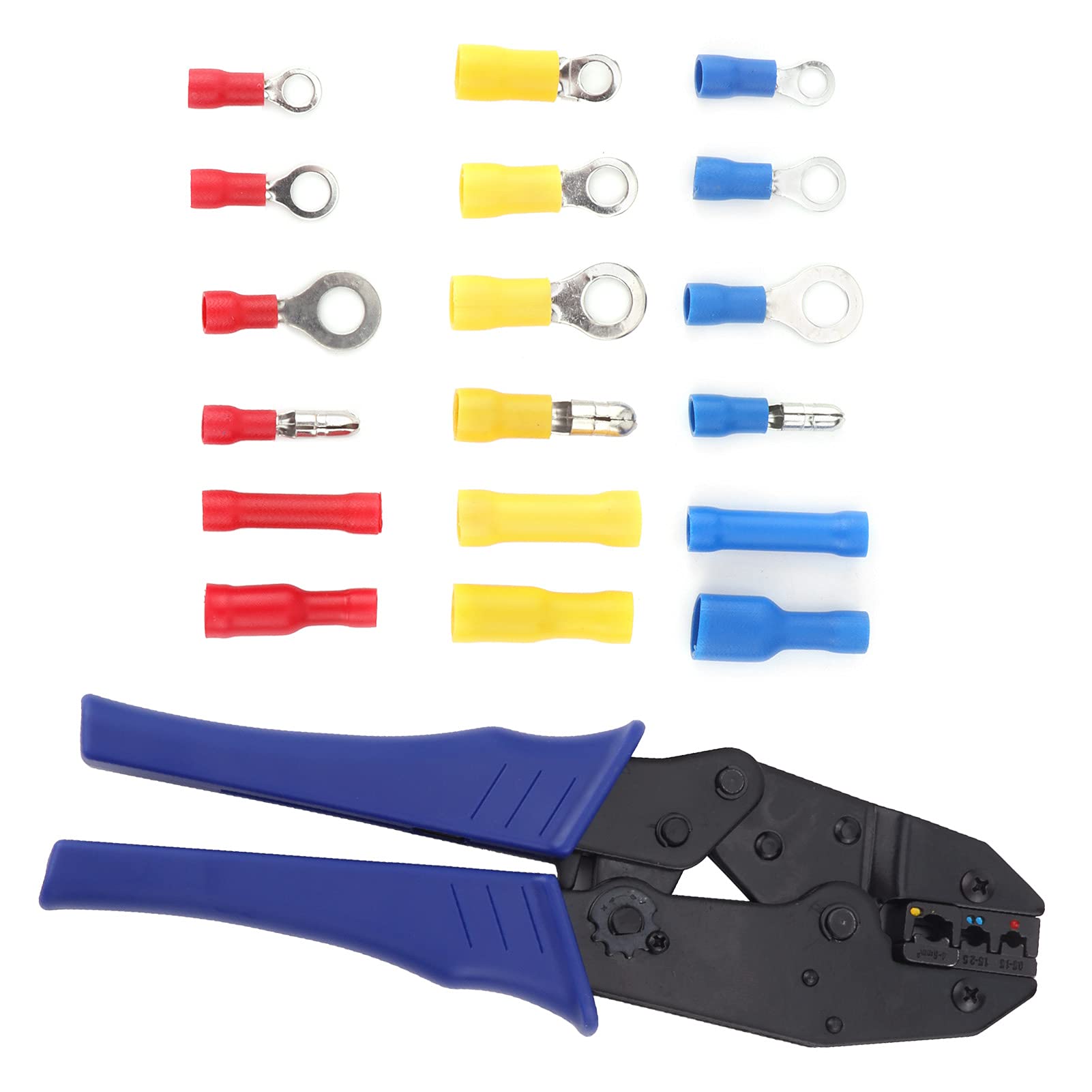 Kit de conectores de cables de 300 piezas y juego de herramientas de engarzado para uso automotriz y marino - 165 terminales aislados rojos, 115 azules y 20 amarillos - Conectores