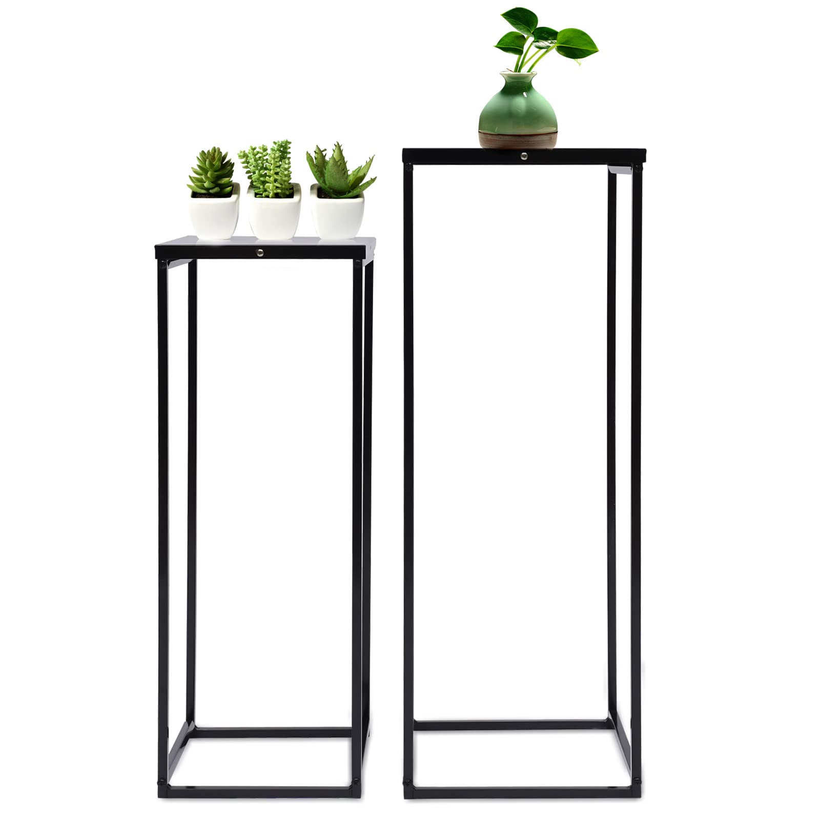 Sindipanda 2-Piece Metal Stand Plant Stand Elegant High Square Rack Flower Holder - 25x25x70cm & 22x22x60cm - Black Metal Plant Stands for Home Decor, Wedding, and Garden