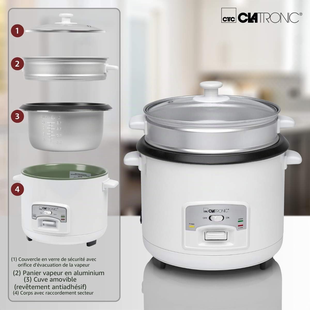Clatronic Appareil Électroménager 2 en 1 - Cuiseur Riz à Revêtement Anti-adhesif - Cuiseur à Vapeur - Avec Panier à Étuver en Aluminium - RK 3566 Blanc