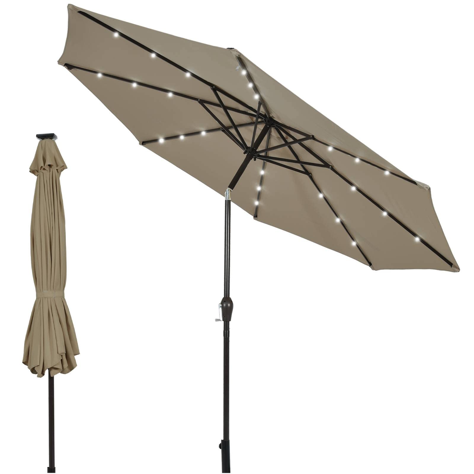 COSTWAY 2.9m/3m Garden Parasol, 8 Ribs Patio Umbrella with Tilt, LED Lights, Crank Handle & Vented Top, UV Protective Outdoor Table Sun Shade for Market Yard Pool (3m, Coffee-with 24 Lights) — image 1