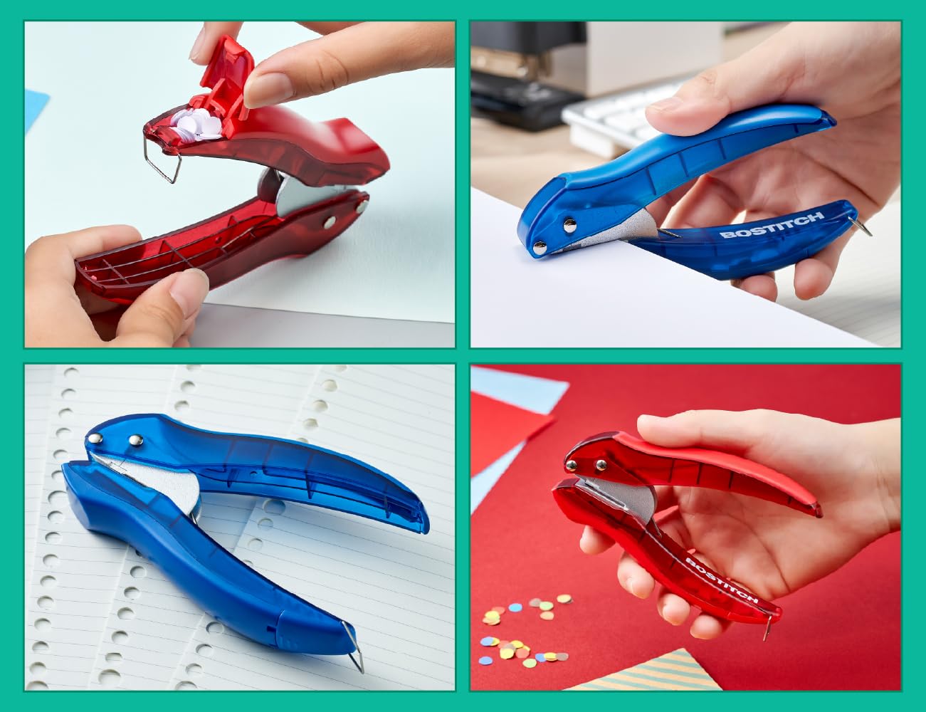 Bostitch EZ Squeeze Dziurkacz z jednym otworem, pojemność 10 arkuszy, czarny, czerwony, niebieski, 3 szt