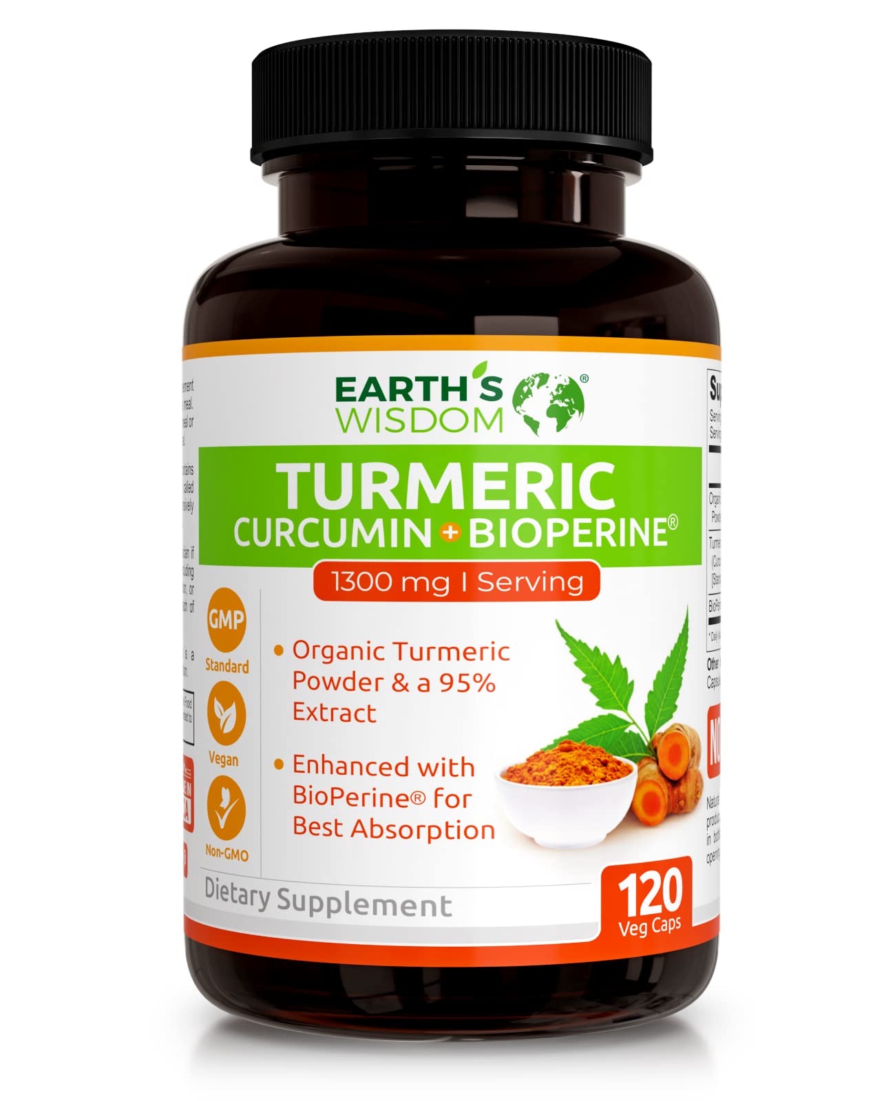 Organic Turmeric Curcumin with Black Pepper for Superior Absorption 1310mg – 120 Vegan Non-GMO & Gluten Free Veggie Capsules Natural Joint & Healthy Inflammatory Support 95% Standardized Curcuminoids