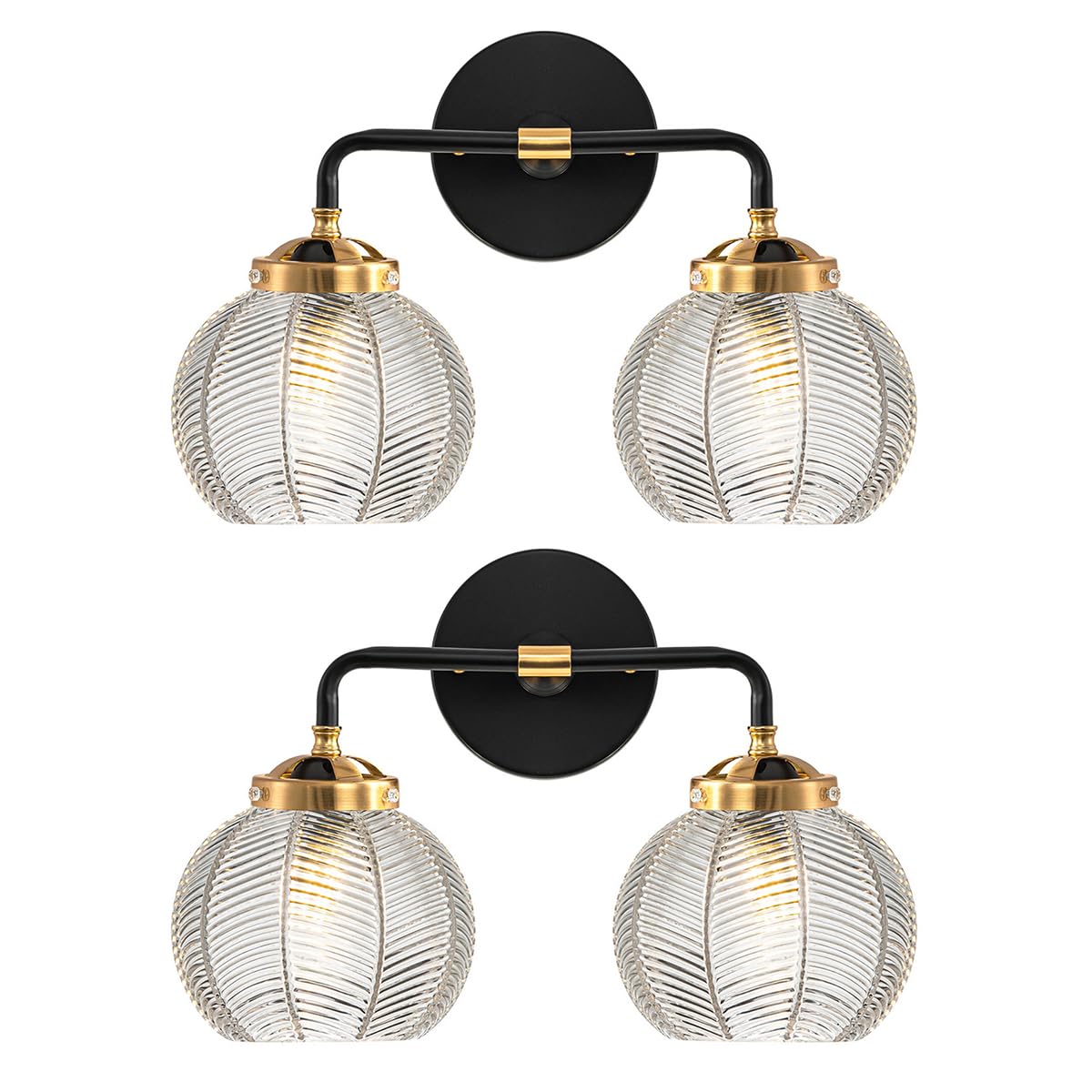 Mid Century Modern Wall Sconce Bathroom Light fixtures 2 Light Ribbed Globe Sconces Vanity Lighting Fixture Black and Gold Vanity Lights Double Wall sconces with Clear Glass Shades