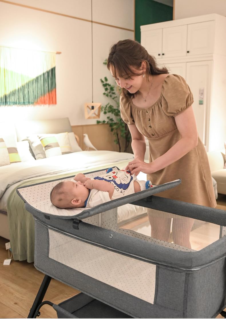 Lit Cododo Bebe, Pliable Convertible Cododo Berceau Bébé Co-Sommeil, Lit Bebe avec Matelas (X3 Khaki)