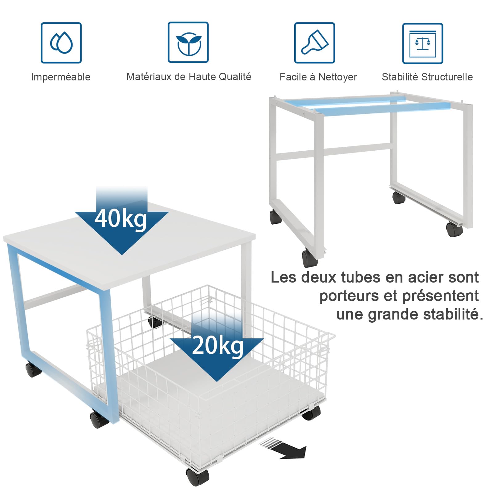 PUNCIA Support de Réfrigérateur Mobile avec Grande Capacité (Blanc) | Plateau de Mini Frigo Portable et Stockage Table avec 4 Roues Armoire Panier à Tiroir Roulant 50x50x43cm pour Chambre Cuisine