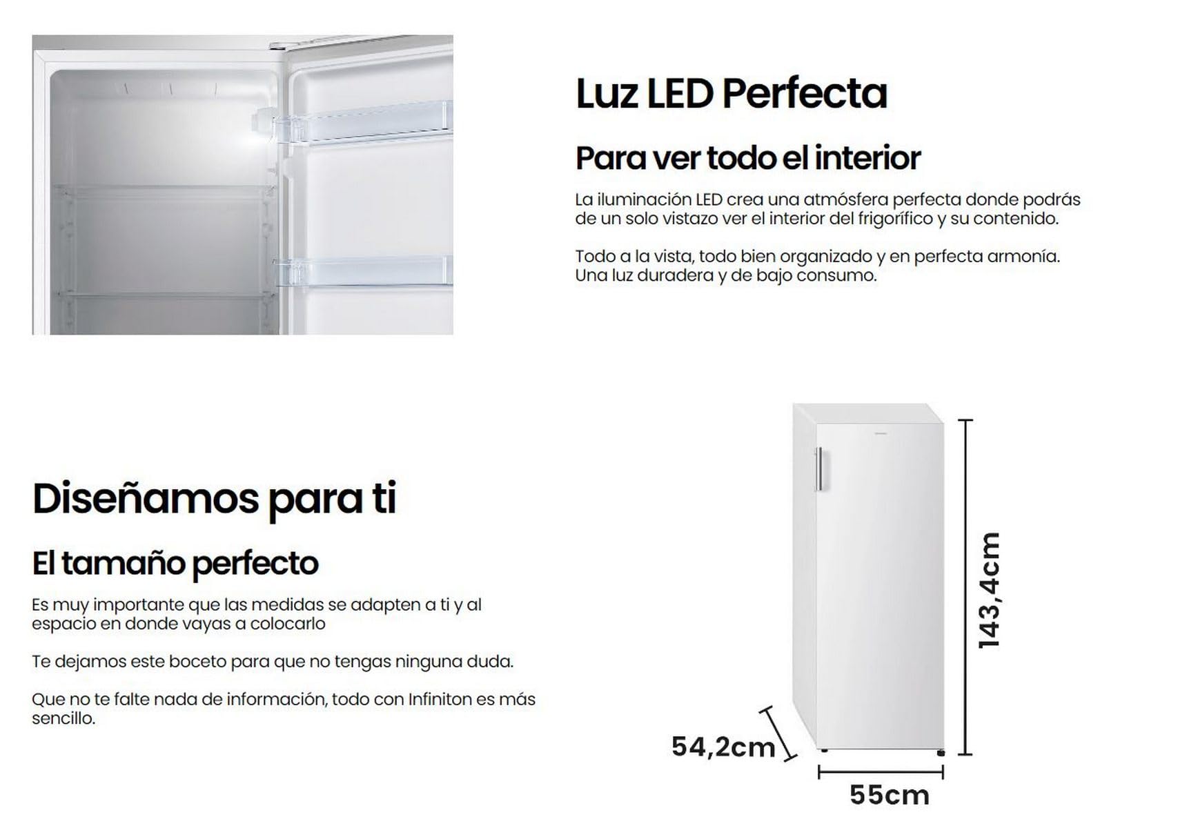 INFINITON Frigorifico Cooler CL-A144B, 242 Litros, E, Iluminación LED interior, Defrost, Diseño con Tirador exterior, Blanco