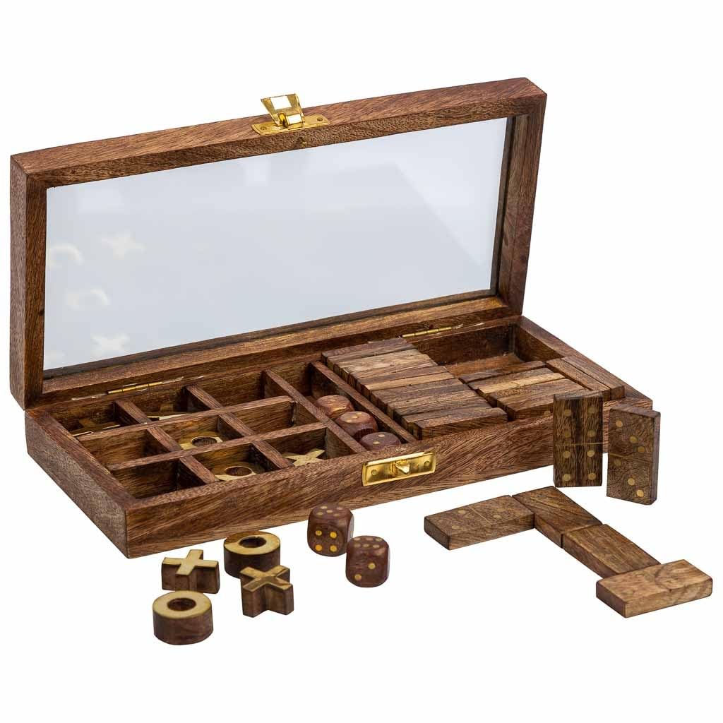 Juego 3/1 (Dominó+dados+3 en línea) en caja de madera marrón 28x13x4.5