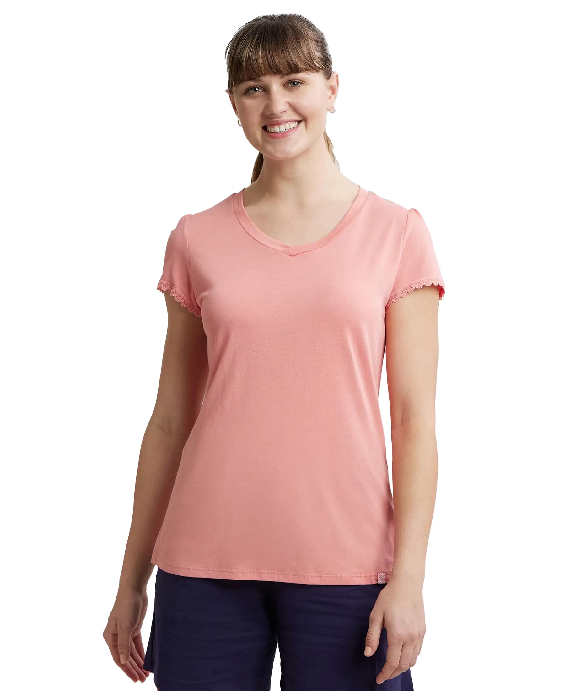 JockeyRX12 Women's Micro Modal Cotton Relaxed Fit Solid V Neck Half Sleeve T-Shirt with Lace Trim On Sleeves