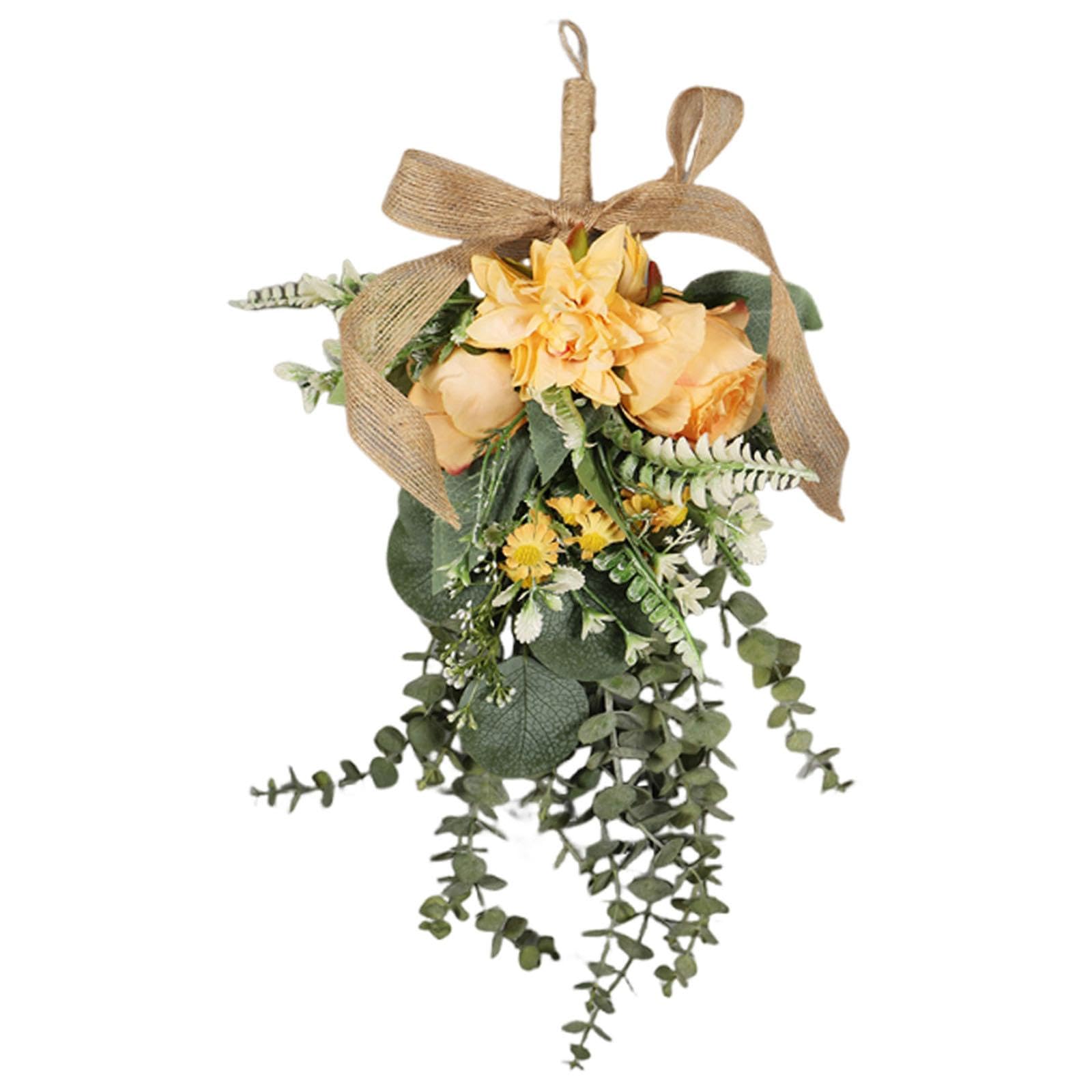 Milageto Artificial Floral Swag Flower Teardrop Wreath for Front Door Spring Summer Swag Wreath Creative Ornament Decorative Garland Hanging for Office Fireplace, Orange
