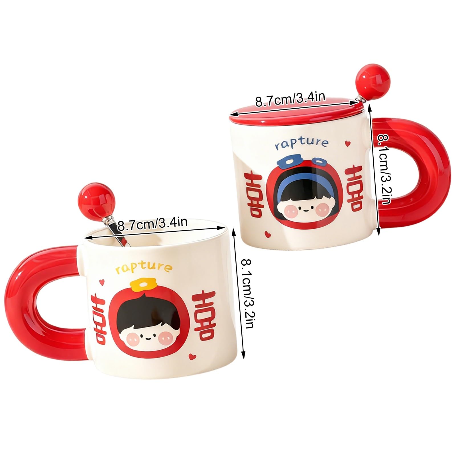Tazza da tè dal Design Unico, Tazza in Ceramica con Coperchio e Cucchiaio a Forma di Ragazzo Felice, da Caffè da 380 Ml per tè e Caffè, Grazioso Regalo di San o Natale(Red)