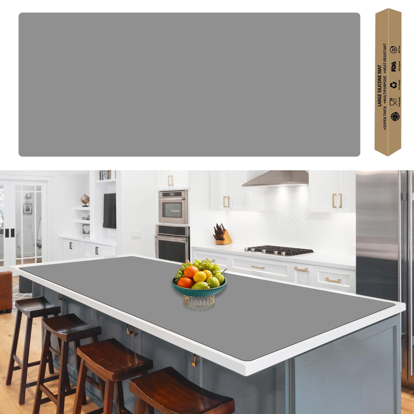 120"x24''(305cmx60cm) Extra Large Silicone Mat for Kitchen Counter, Heat Resistant Countertop Protector, Non-Slip Waterproof Kitchen Island Mat, Easy to Clean, Light Gray