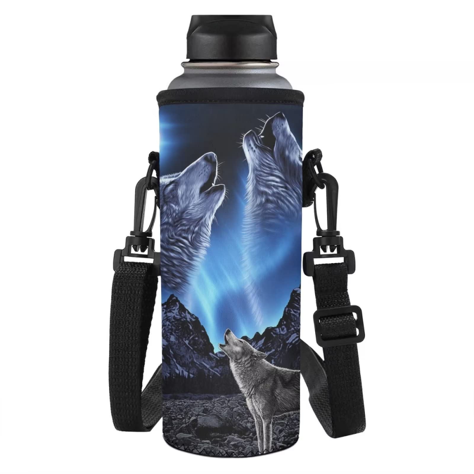 NETILGEN Neoprene Water Bottle Carrier - Adjustable Sling, Fits 750ml Glass, Plastic & Metal Bottles, Crossbody Pouch with Carrying Handle, Howling Wolf — image 1