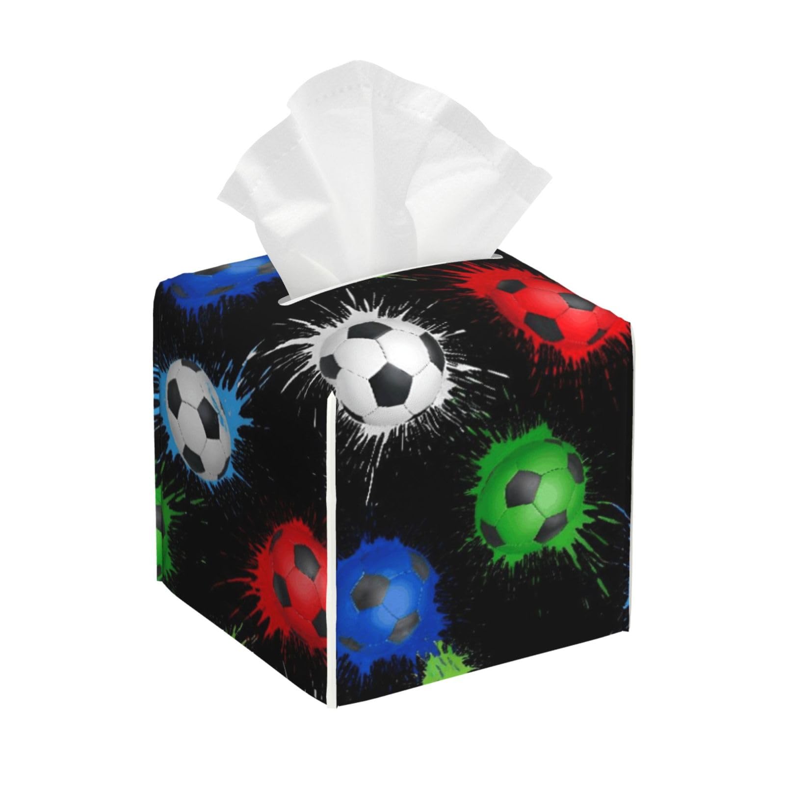 Colorful Paint Splash Ink Soccer Football Black Leather Tissue Box Cover Holder Square Facial Paper Organizer 5.2" X 5.2" X 5.2"