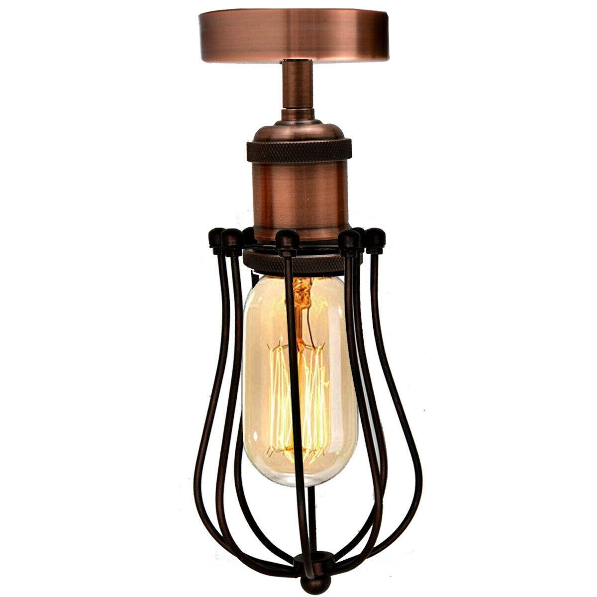 Ledsone Copper Dcvoltage Industrial Vintage Ceiling Light Retro Flush Mount Cage Ceiling Light Wire Cage Lampshade Easy Fit Ceiling Lamp For Dining Room Bar Clubs & Restaurants (Copper)