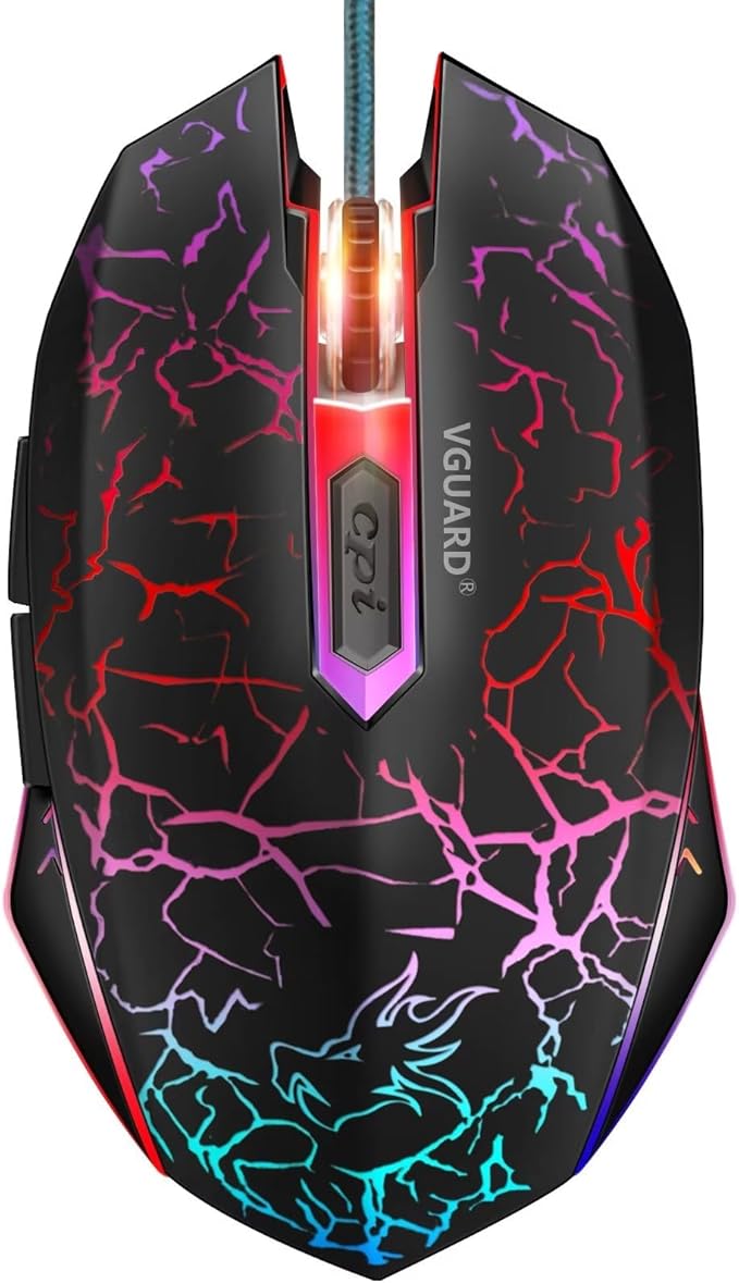 VGUARD Ratón Gaming con Cable, 4 dpi Ajustables hasta 2400, Gaming Mouse Óptico, Ratón Ergonómico Óptico RGB con 6 Botones y LED 7 Colores para PC, Portátil. (Versión Mejorada) - Negro