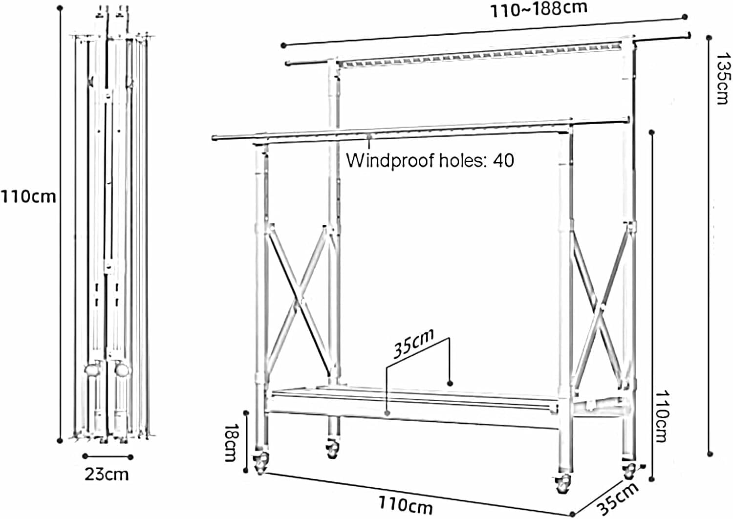Faltbarer Aluminium - Wäschetrockner für Innenbereich & Balkon, Höhenverstellbar, Ideal für Haushaltswäsche,Silber,110~188x35x110~135CM