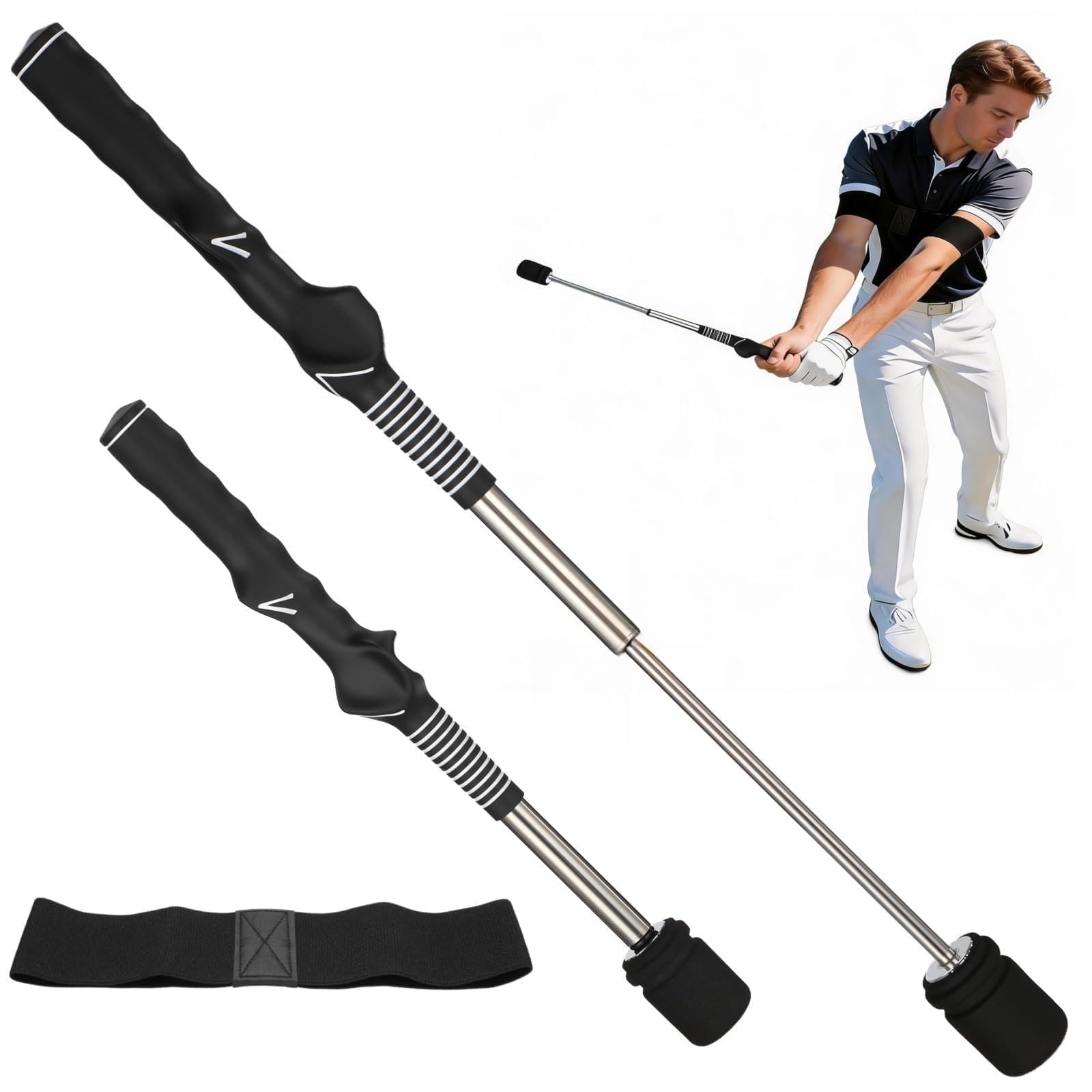 Ayuda de entrenamiento de swing de golf, entrenador de agarre para diestros con banda para el brazo, entrenador retráctil con retroalimentación de clic audible, para práctica de calentamiento