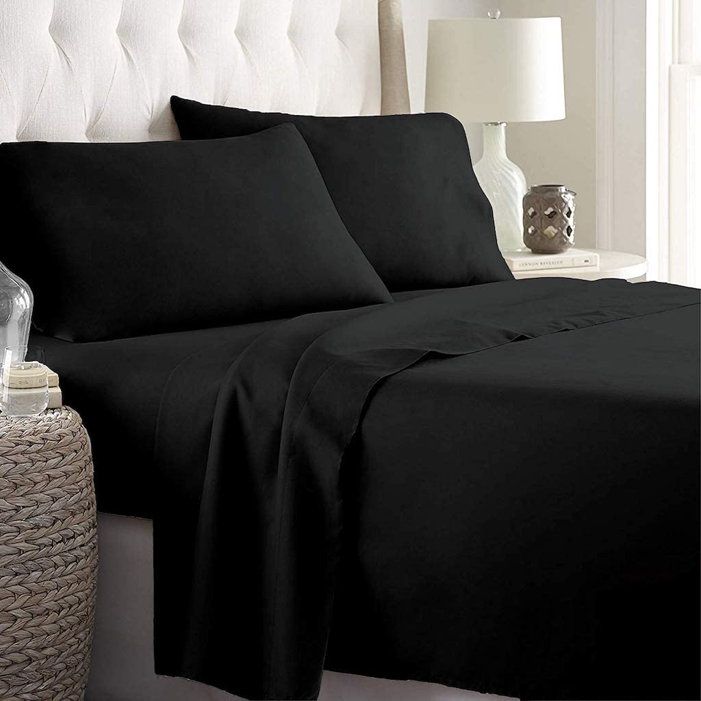 LARA MORADA - Set Completo Lenzuola Matrimoniali, 100% Cotone, Made in Italy, Tinta Unita, per Letto Matrimoniale 2 Posti, Nero