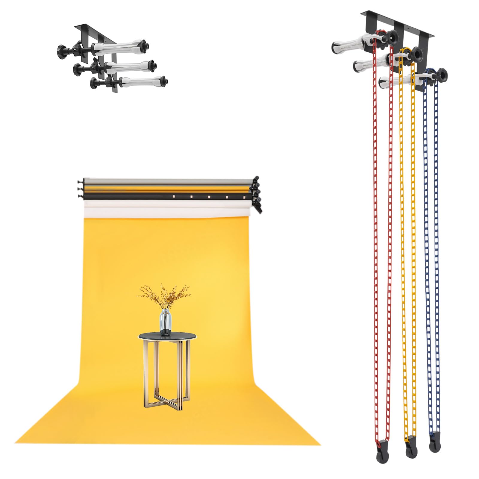 3 Roller Hintergrund Support System 3 Rollen Hintergrundsystem Montageset Wandmontage Manuelle Hintergrund Unterstützung Gerät Fotografie Montagebügel mit Haken, Ketten