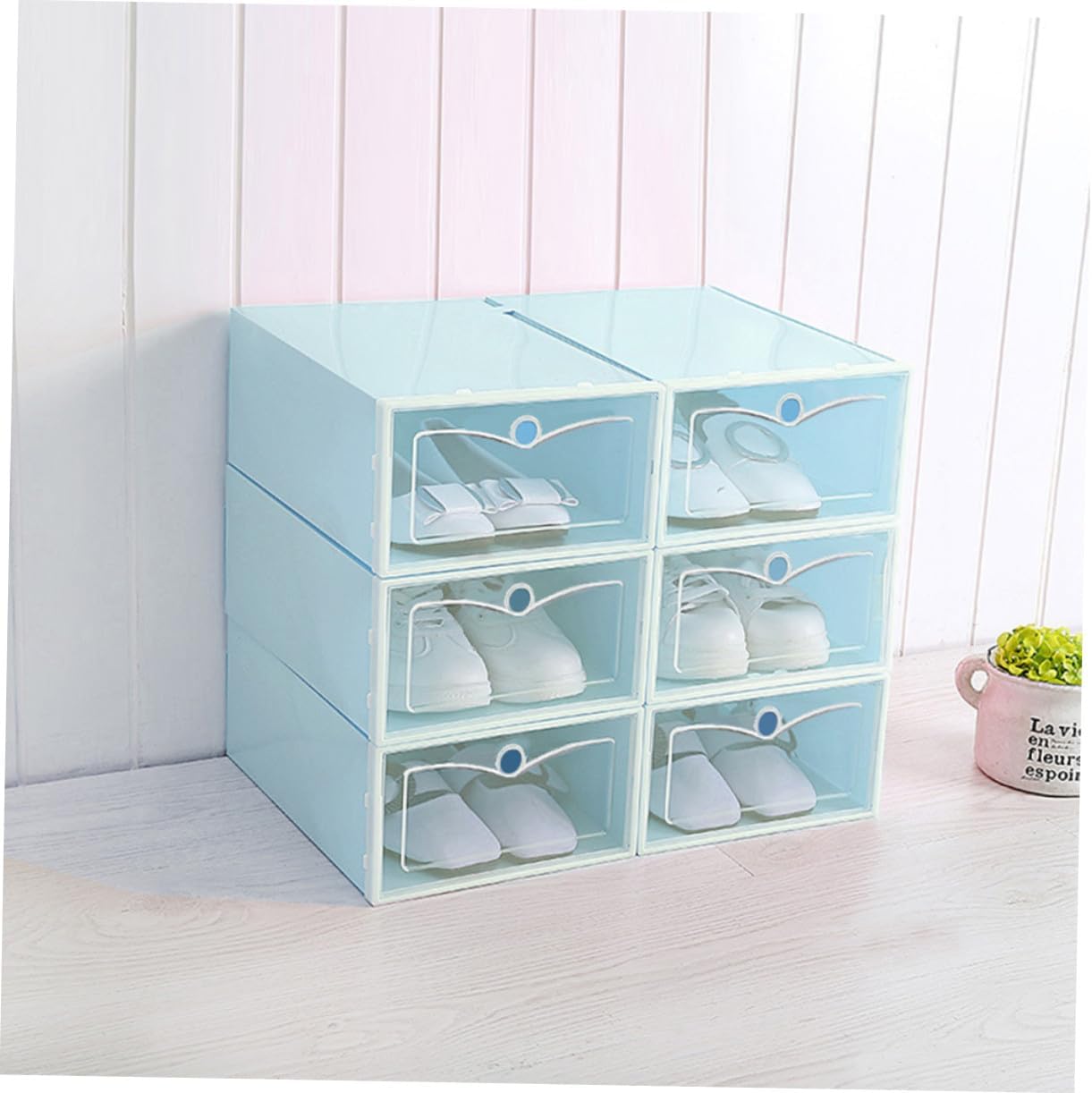 6PCS Large Transparent Stackable Shoe Storage Boxes Thickened Plastic Organizer with Door for Closet Entryway Bedroom Blue