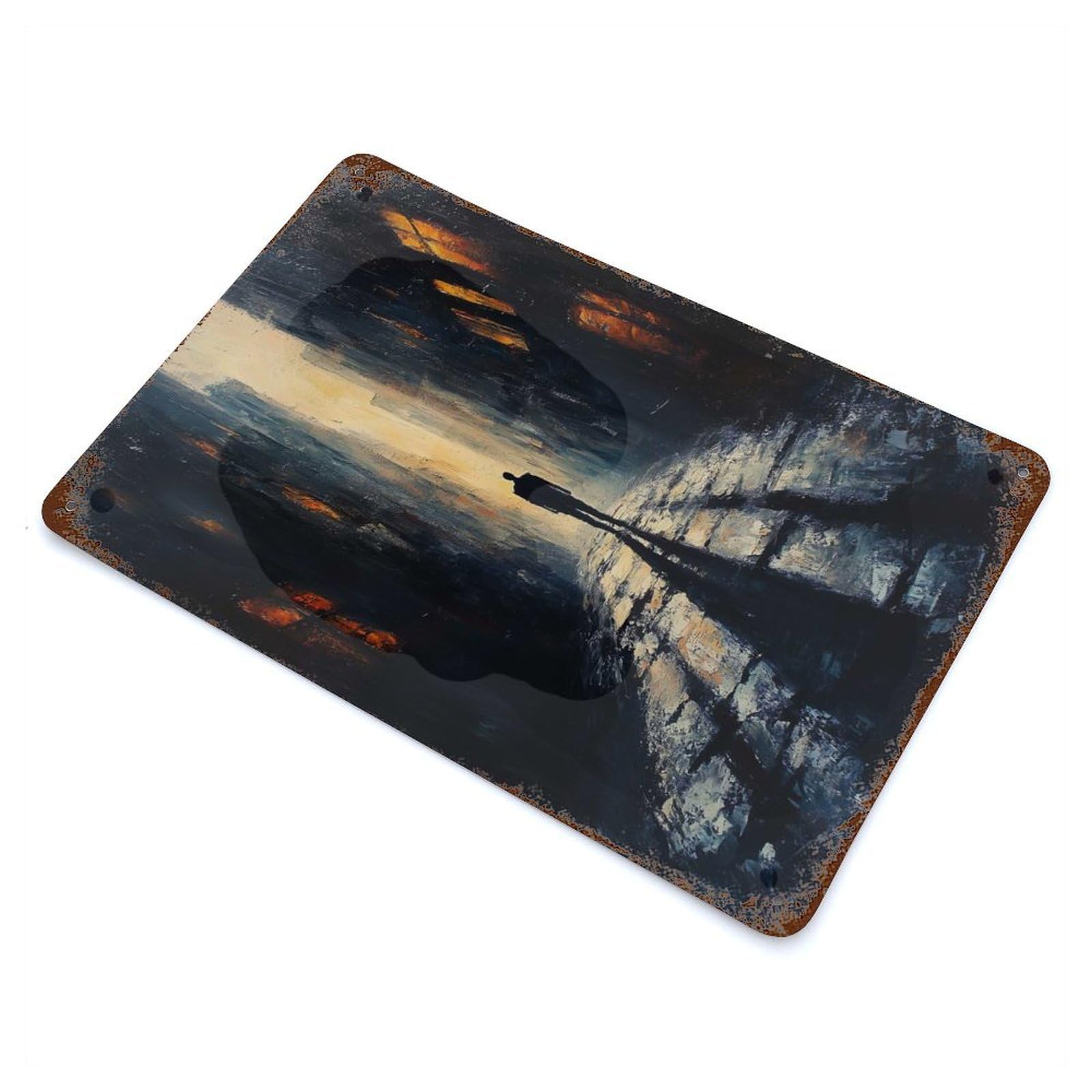Distressed Metal Wall Sign The Lone Wanderer – Moody Atmospheric Urban Scene with A Solitary Figure 11.8"x7.9", Retro Wall Decor for Basement, Hobby Room And Garage Decor