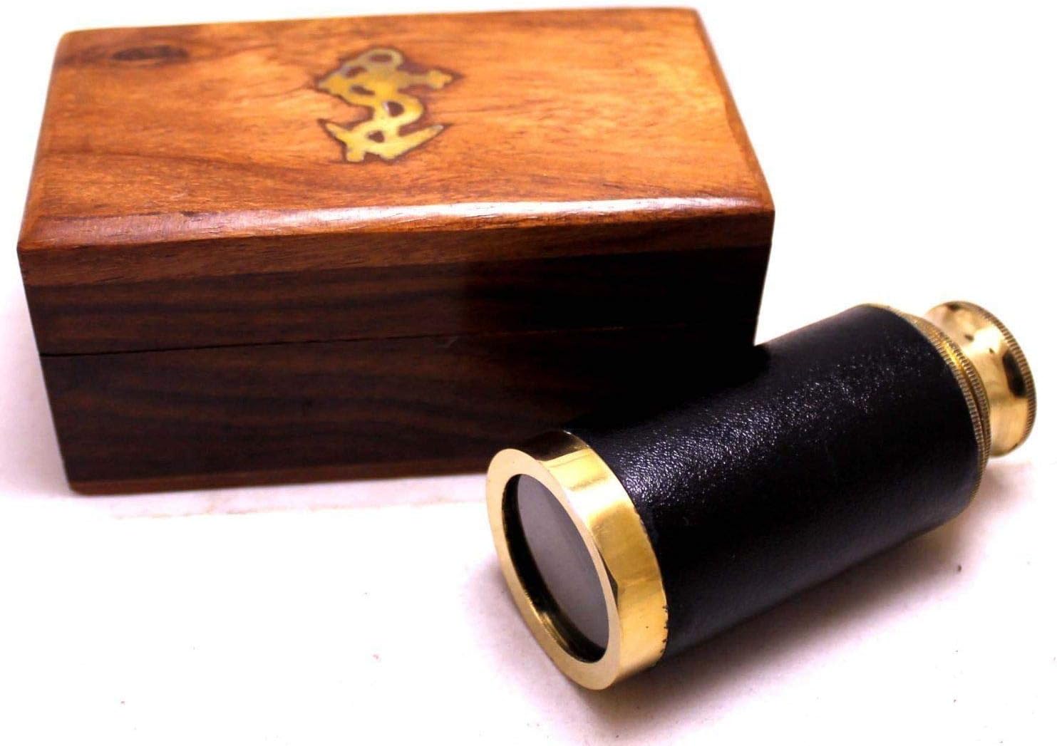 PIRU 6" Nautical Marine Leather Stitched Solid Brass Spyglass/Telescope in Wooden Box