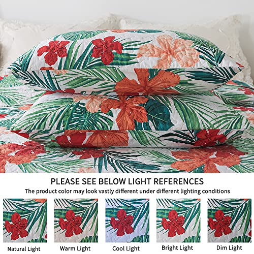 Fadfay Green Floral Cotton Quilt Sets Queen Tropical Palm Leaf Bedspreads Coverlet, 90X98'' Colorful Red Hibiscus Flower Pattern Lightweight Comforter Set Summer, 2 Pillow Shams, 3 Pieces #TOP3