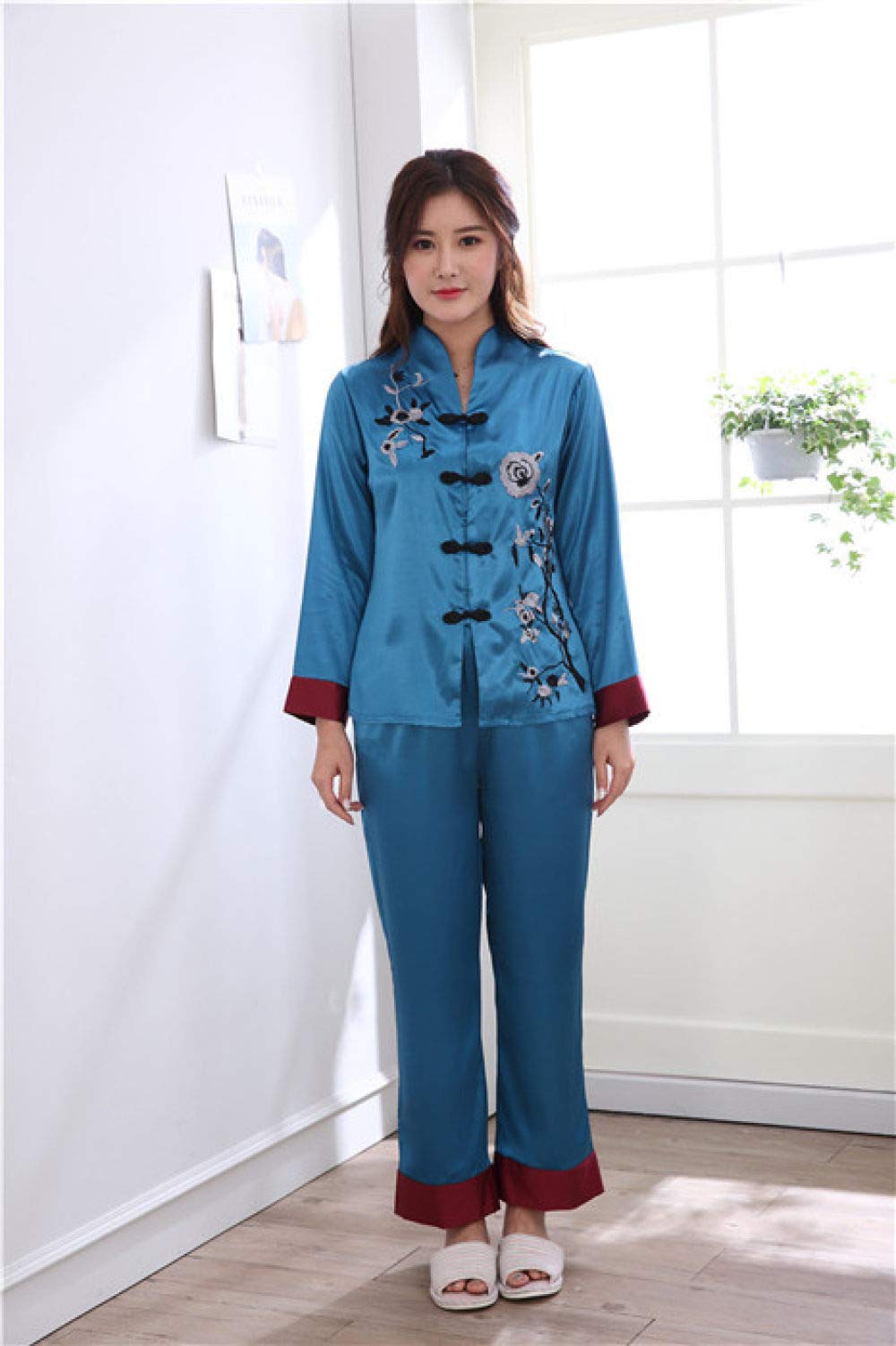 YUHOOE Pijamas De Mujer,Conjunto De Pijamas De Satén Sedoso,Estilo Chino,Bordado Floral,Manga Larga,Ropa De Dormir,Suave Y Cómoda,Ropa De Dormir,Ropa De Dormir,Ropa De Casa para Damas,Azul,L