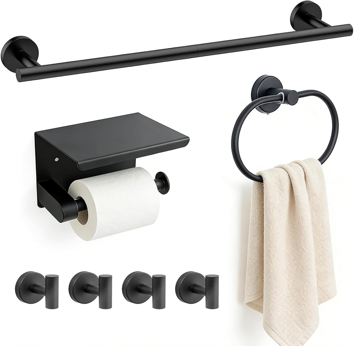 7-Piece Bathroom Hardware Accessories Set SUS304 Stainless Steel Towel Bar Set Wall Mounted 25.9-Inch Towel Rack, Towel Ring, Toilet Paper Holder with Shelf & 4 Hooks, Black