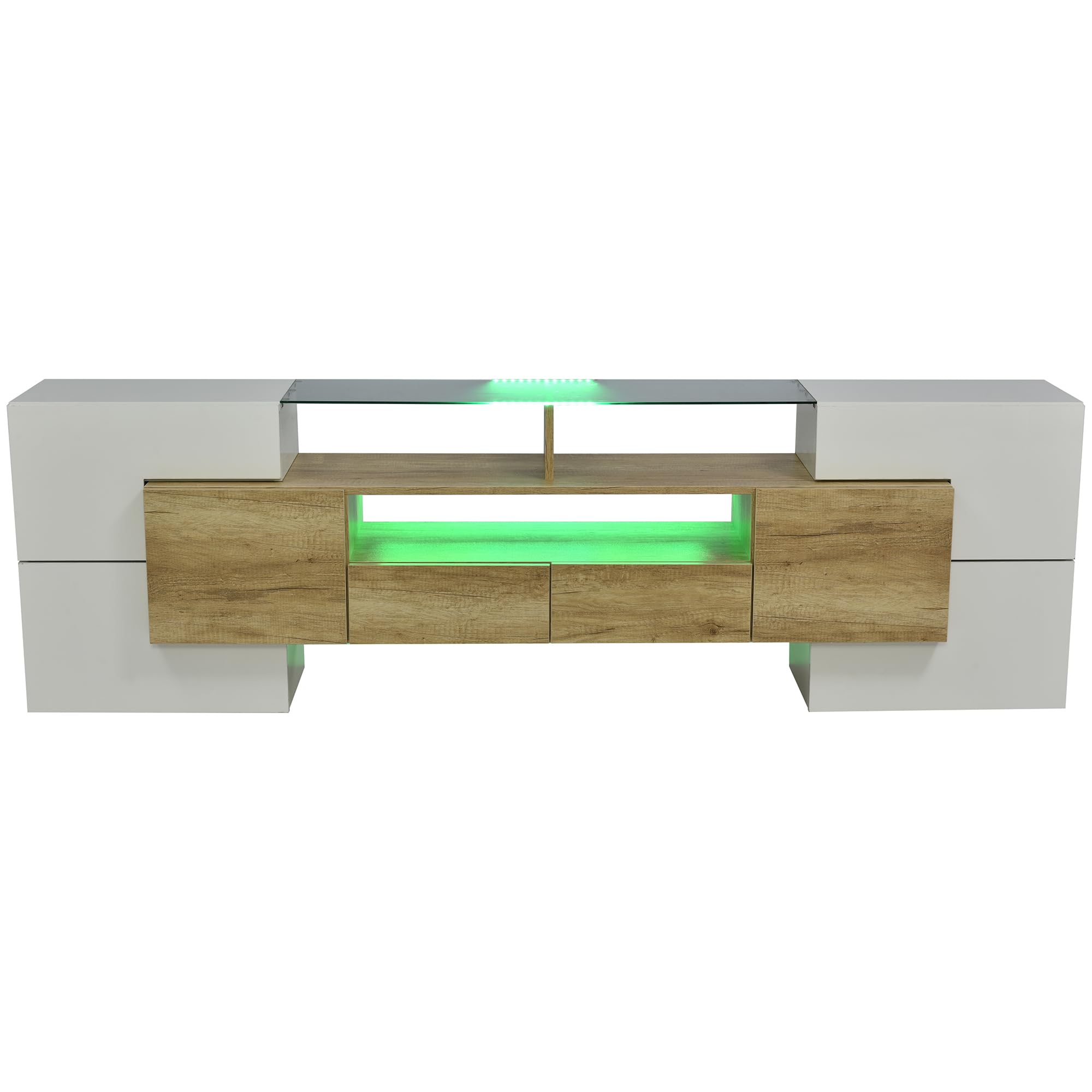 Mueble de TV de 200 cm, Elegante, Armario bajo de Alto Brillo con iluminación LED, Muebles de salón, diseño Moderno, Elegante Superficie de Cristal. (Color Madera, 200 cm)