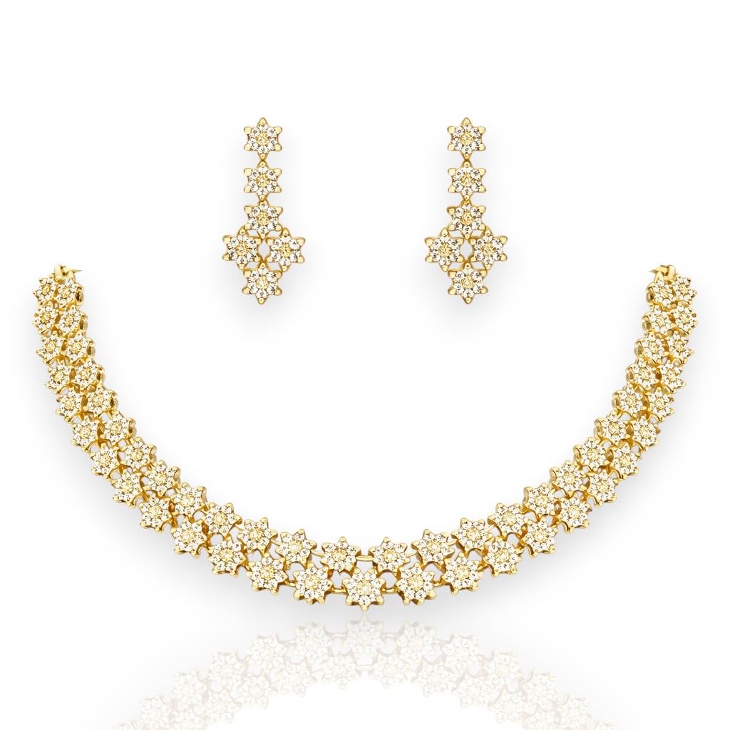 7 Stone Gold Plated Necklace with matching Earrings | Elite Quality | (Crystal White, 2 Line)