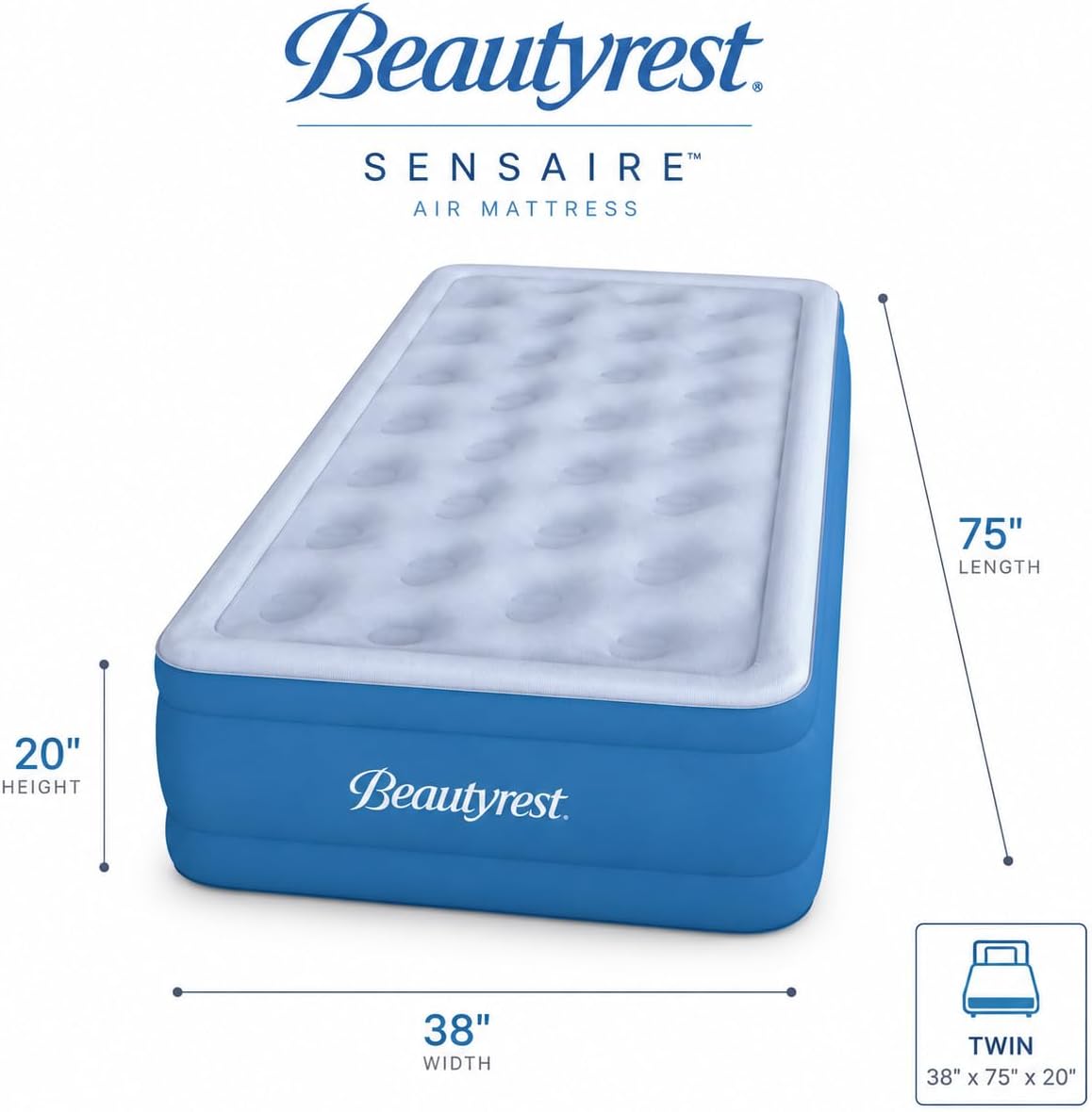 Beautyrest SensAir 20" Air Mattress Twin Size, Sure-Lock Anti-Leak Pump, Cool Vent Topper, Off-Set Coil Support